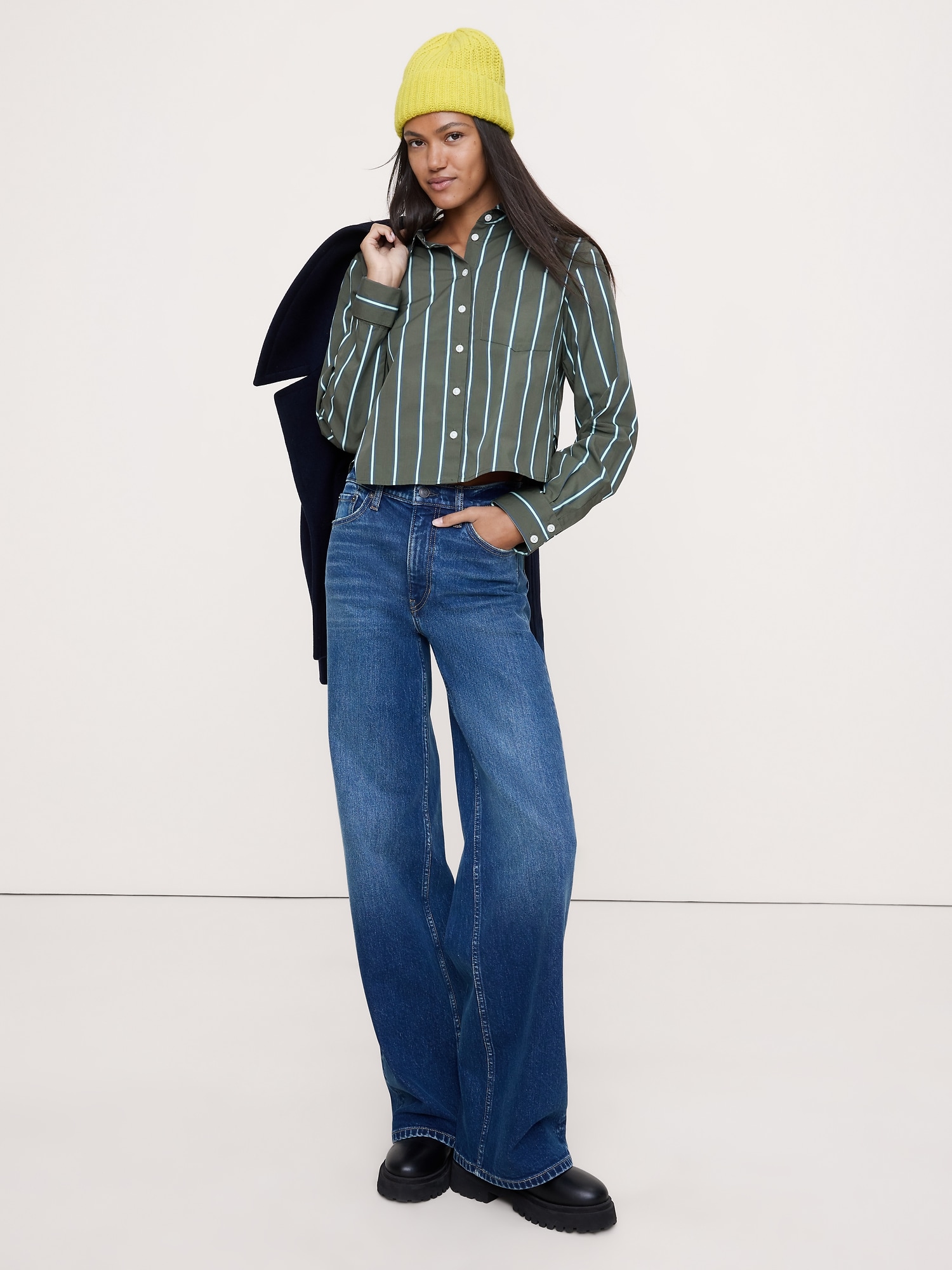 Cotton Poplin Ruffle-Back Shirt - Green Stripe