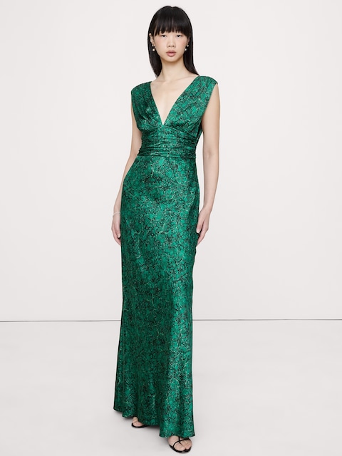ROBE LONGUE EN SATIN EXTENSIBLE À BRETELLES TORSADÉES ET À DOS DÉNUDÉ