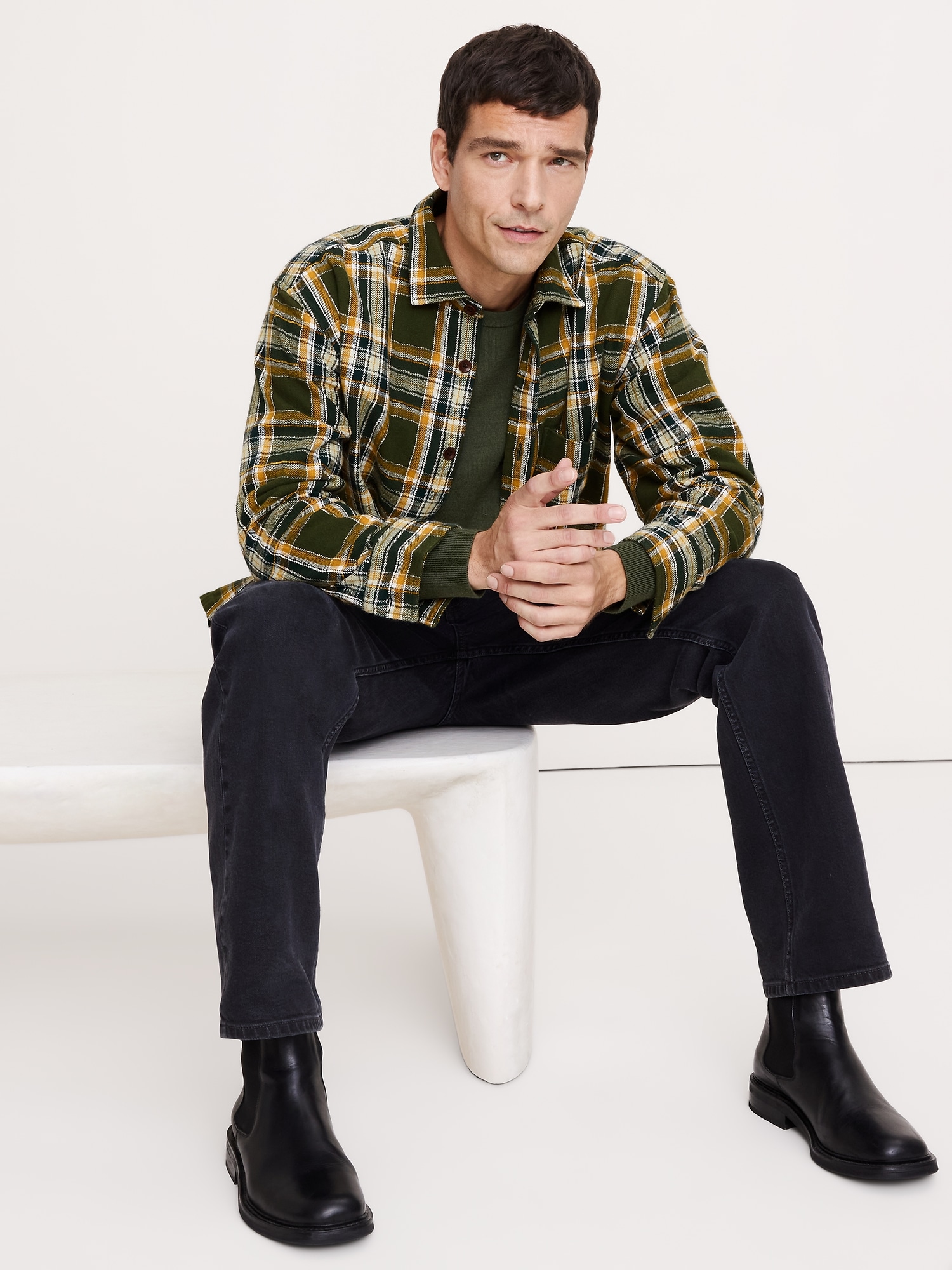 Relaxed-Fit Flannel & Chenille Overshirt - Green Plaid