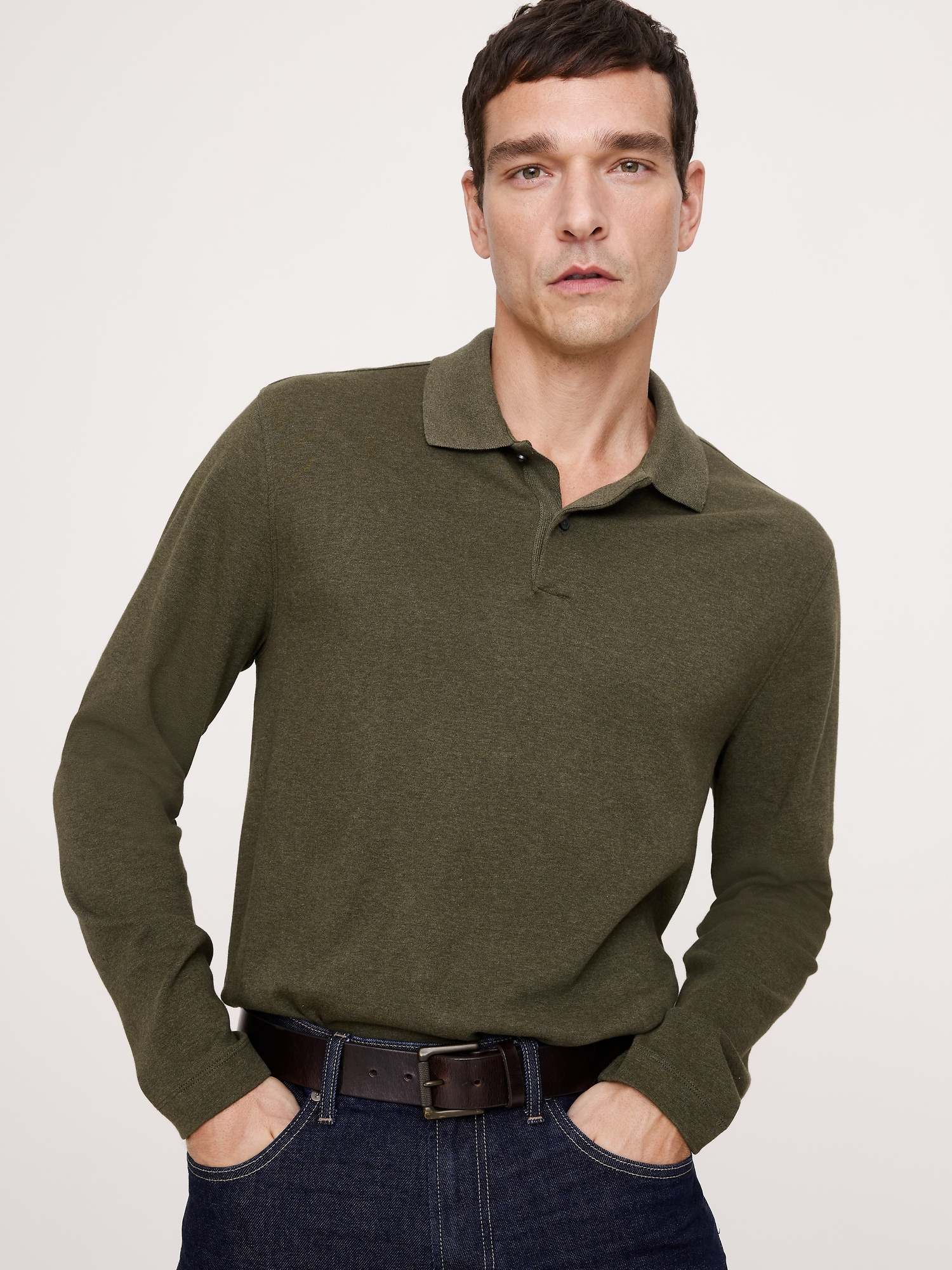 Luxury-Touch Long-Sleeve Polo - Heather Olive Green