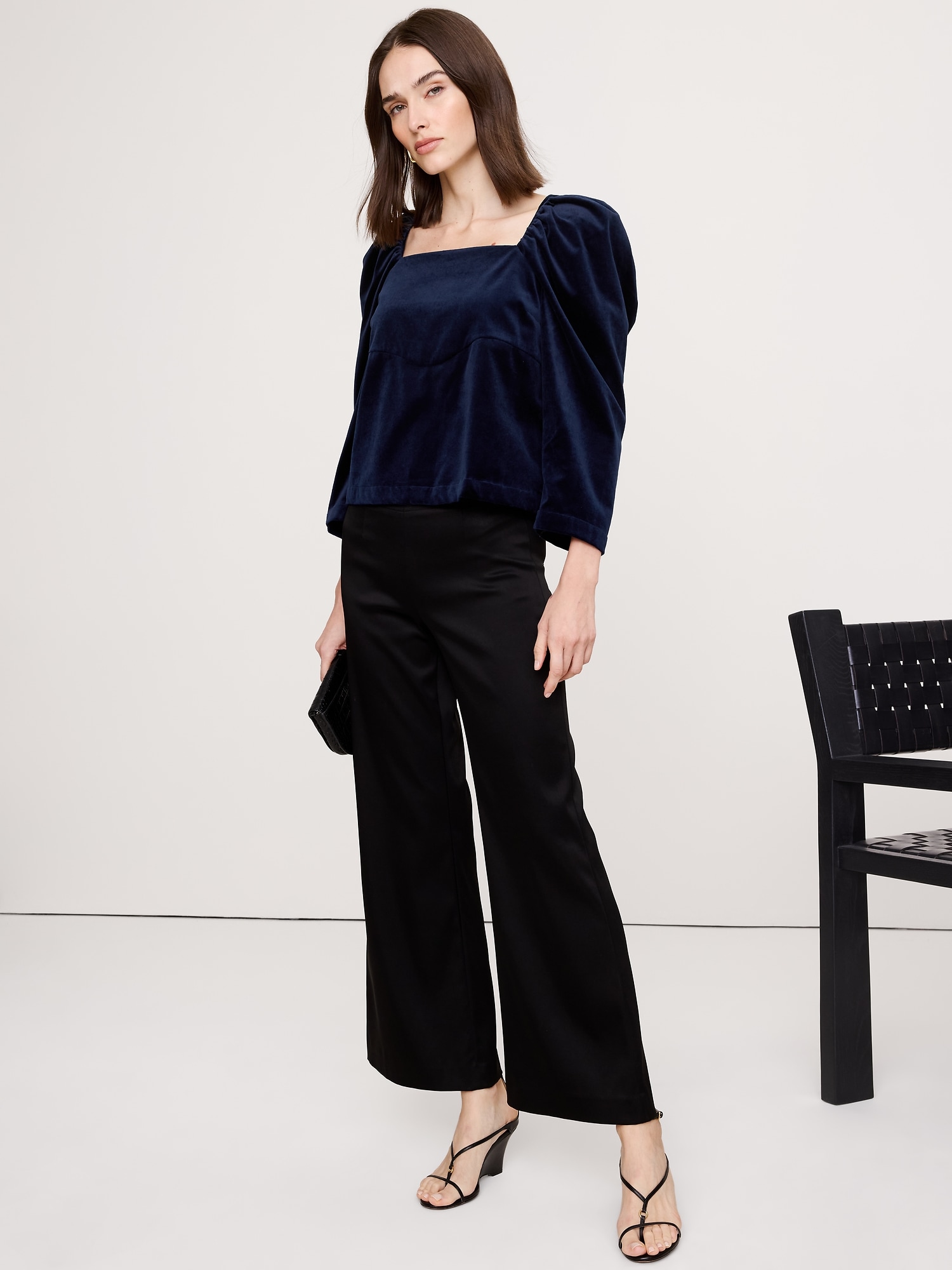 Cotton Velvet Puff-Sleeve Top - Midnight Blue