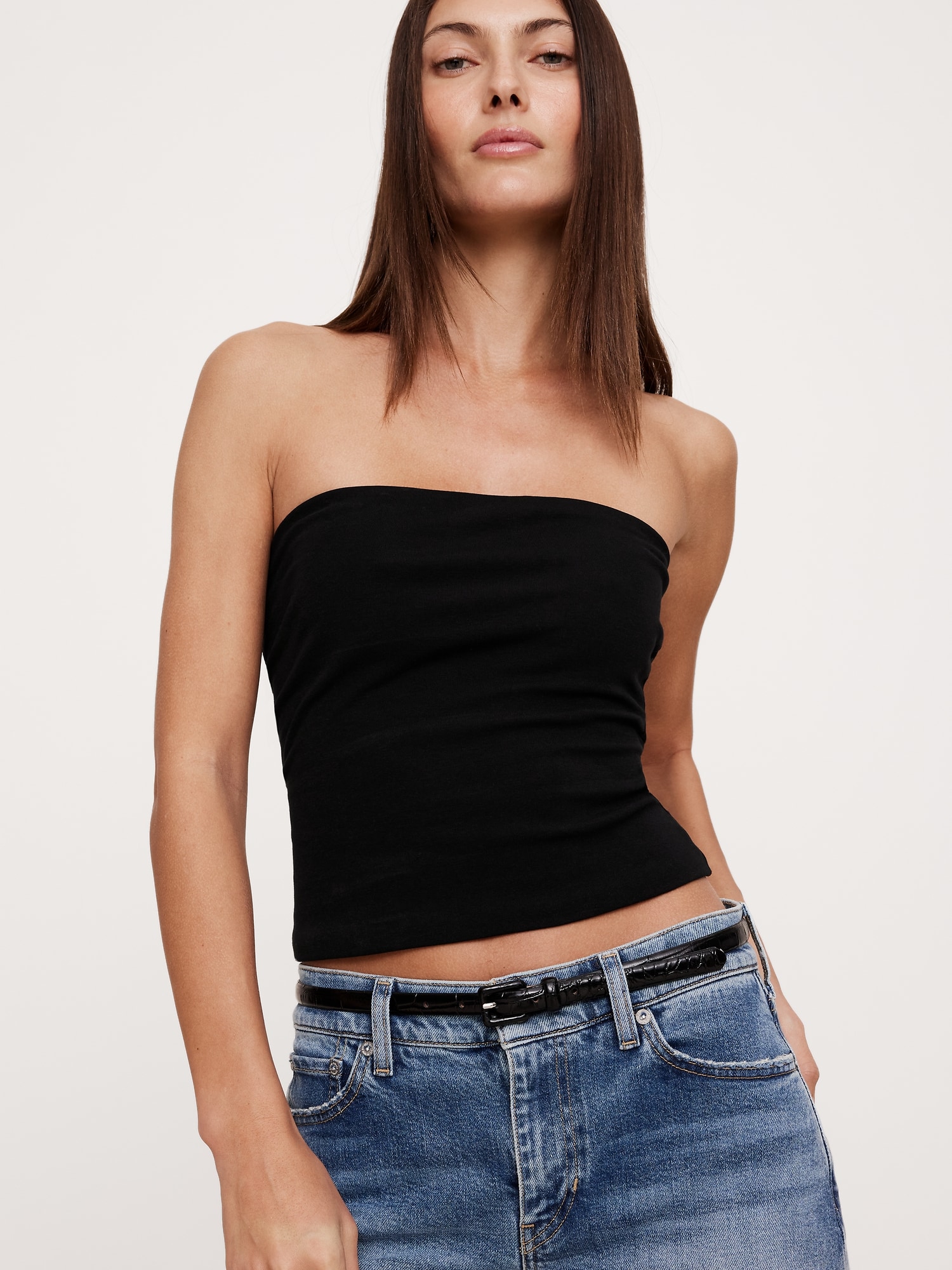 Embossed Leather Skinny Belt - Black