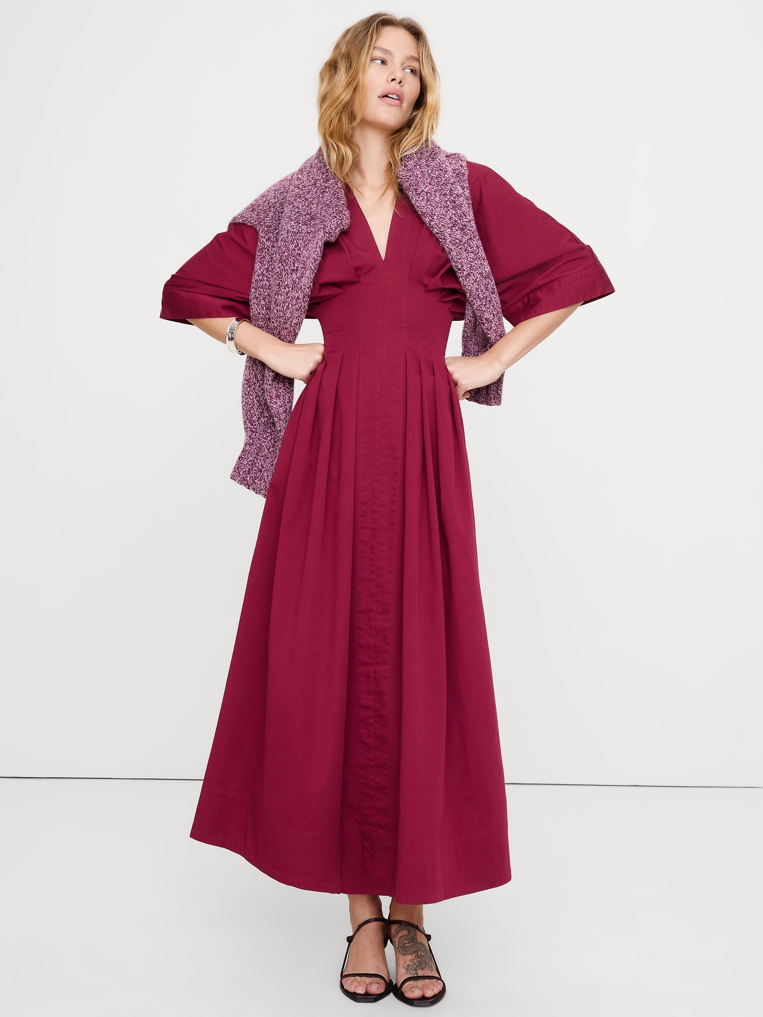 Robe longue à plis en coton extensible - Mûre