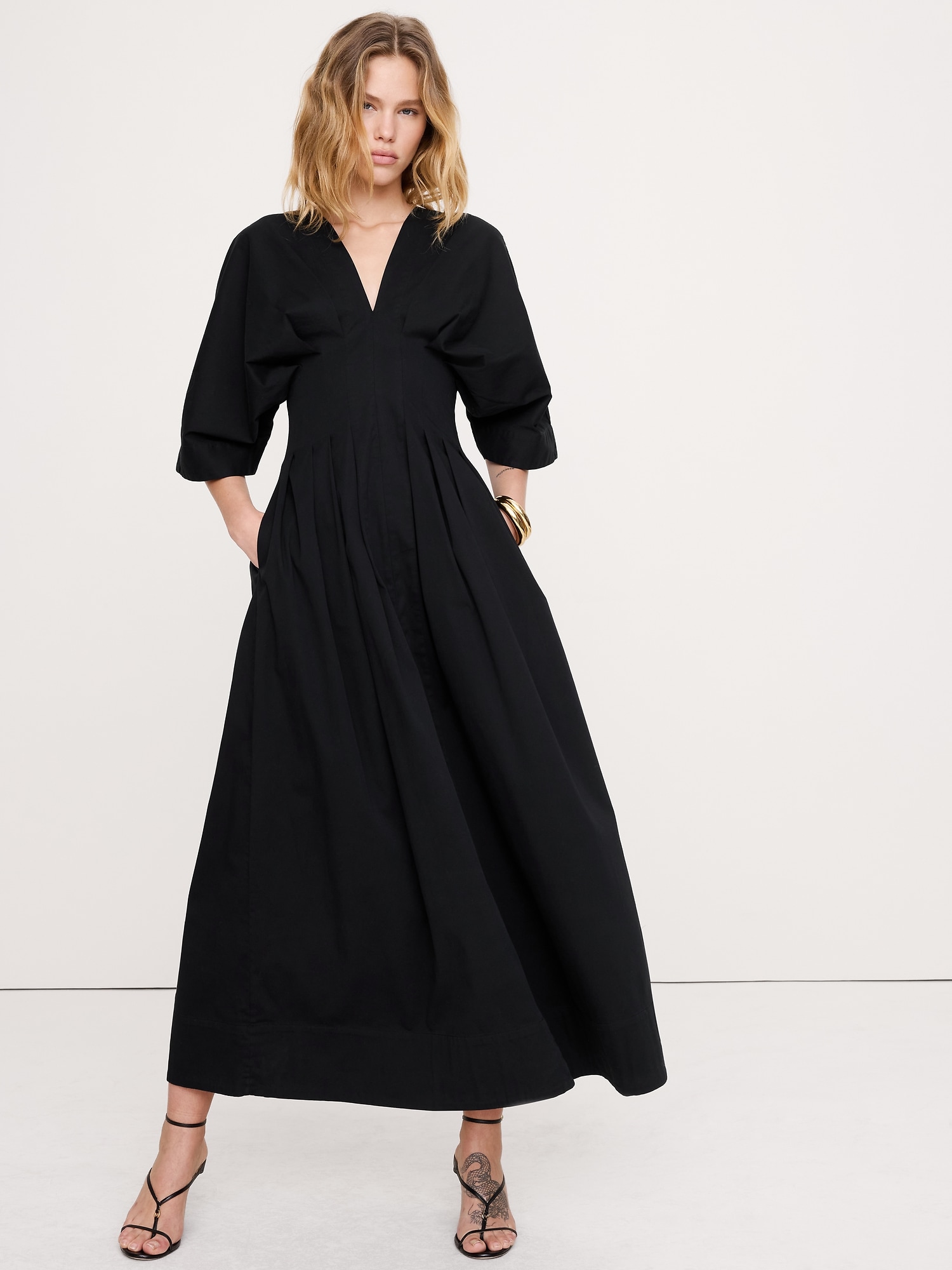 Robe longue à plis en coton extensible - Noir