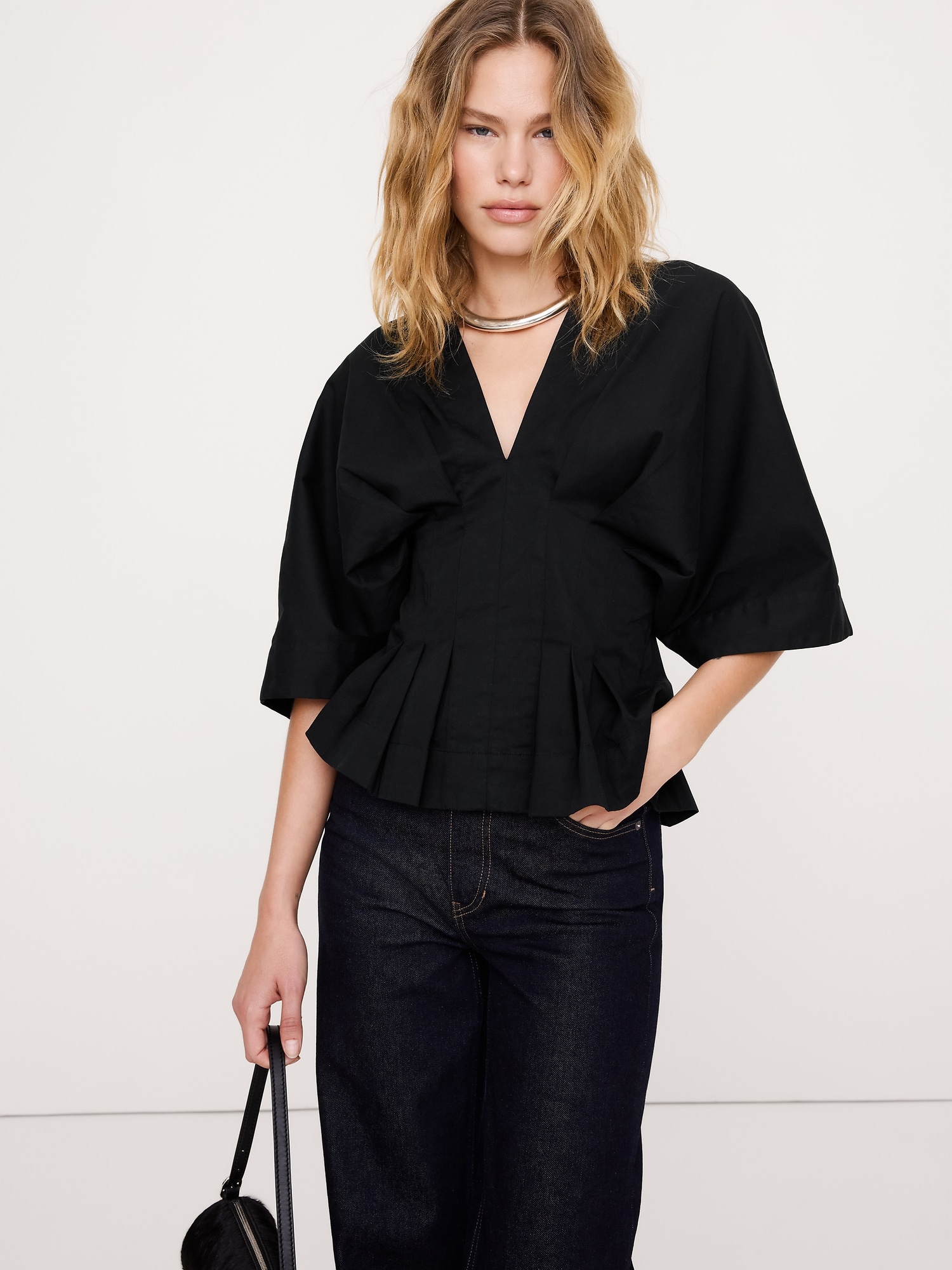 Image number 1 showing, Stretch-Cotton Pleated Top