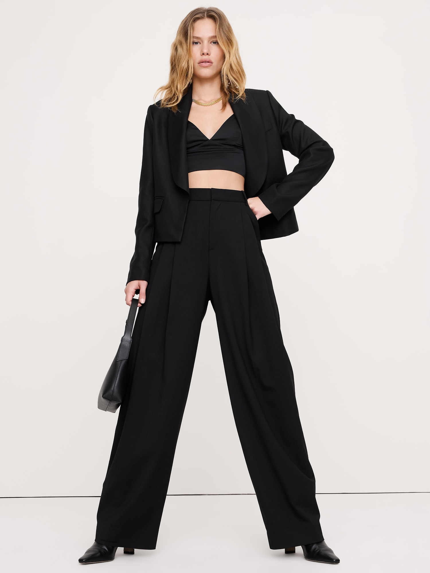 Cropped Tuxedo Jacket - Black