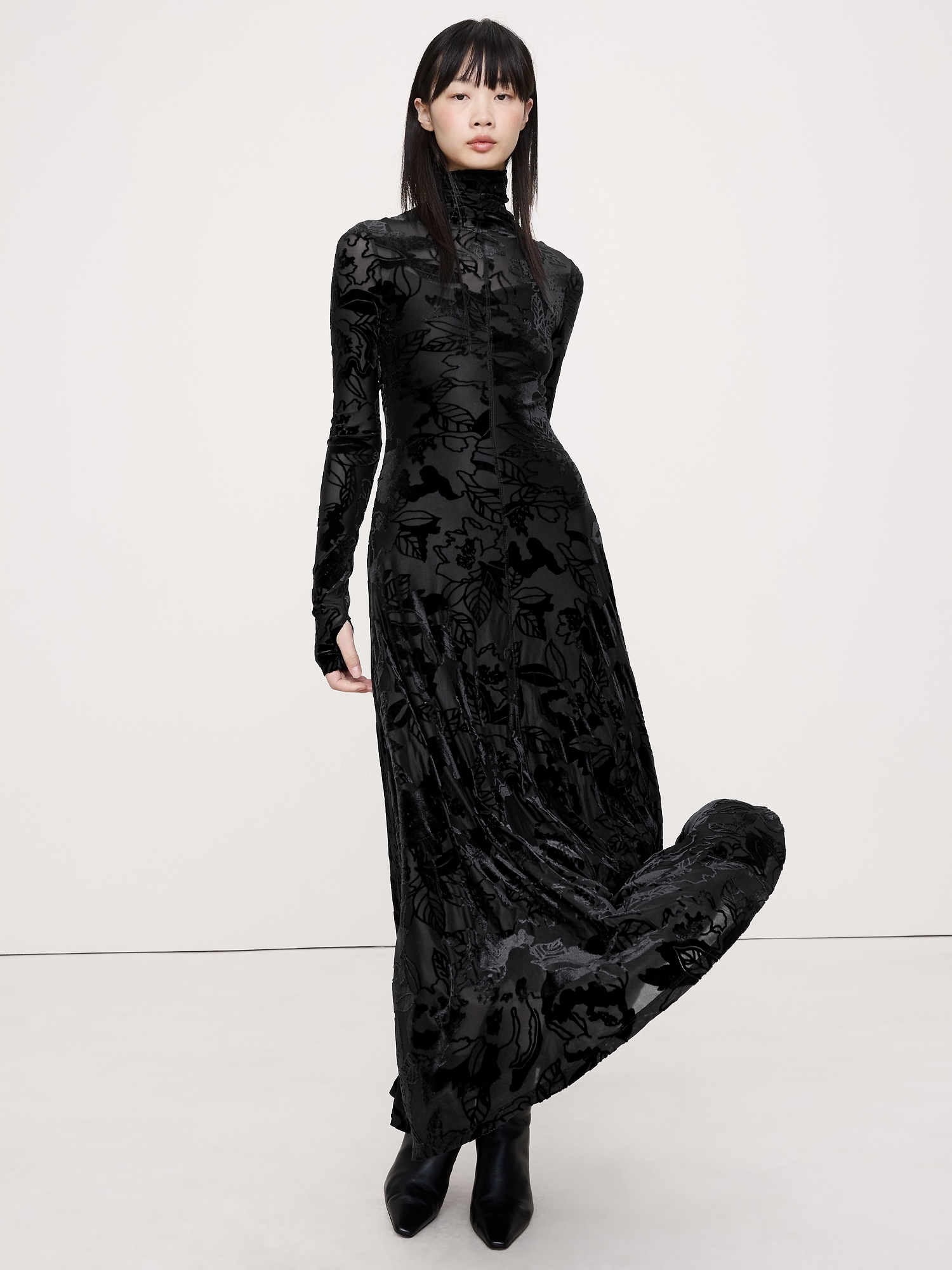 Robe longue en velours à effet usé - Imprimé Fleuri Noir