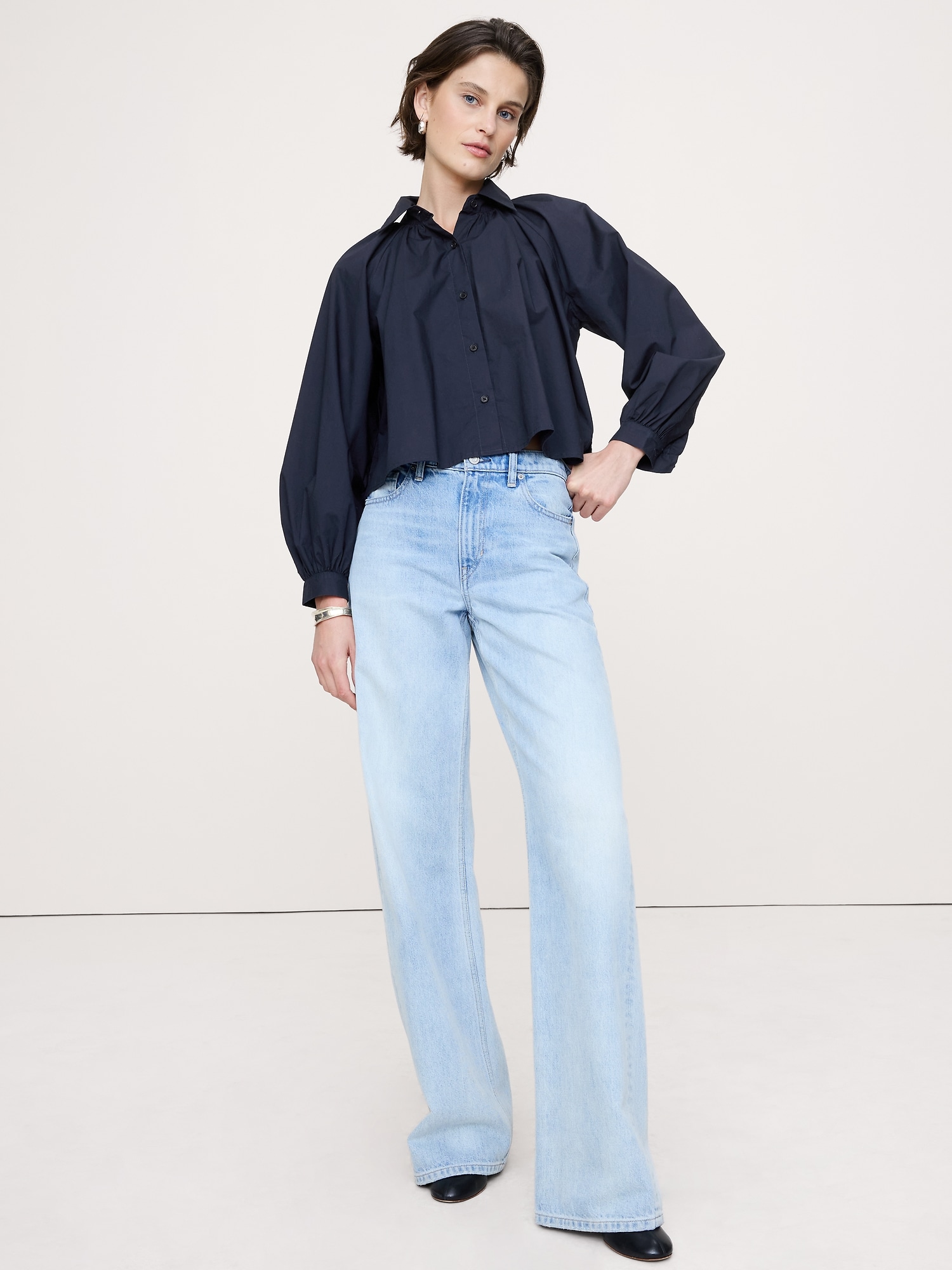 Cotton Poplin Balloon-Sleeve Shirt - Navy Blue