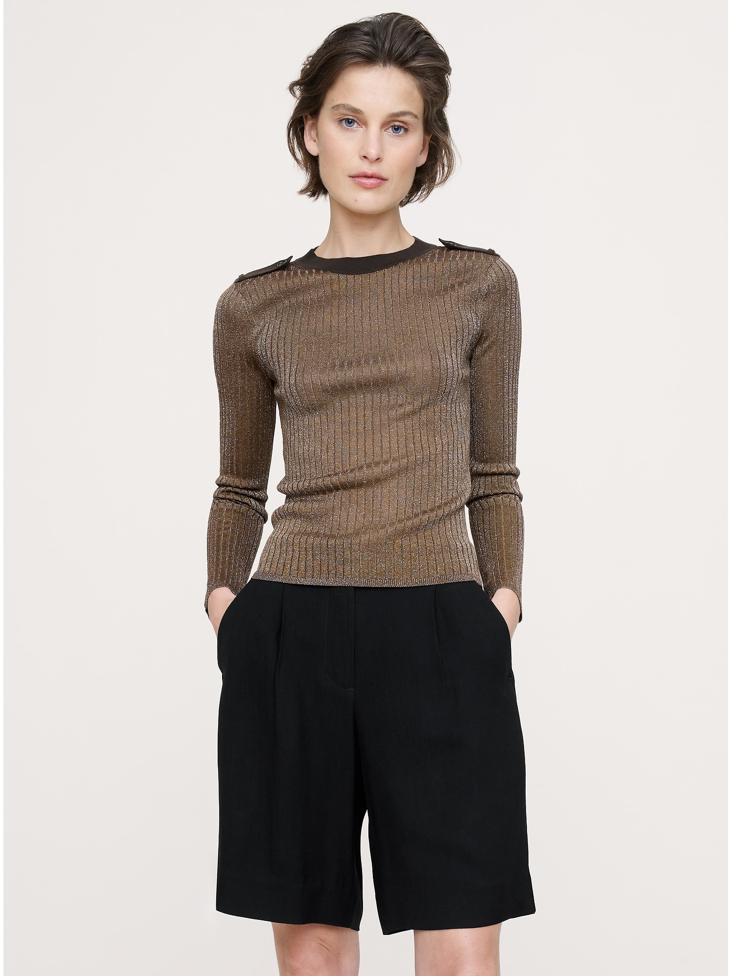 Metallic Shoulder-Epaulet Sweater - Bronze Brown