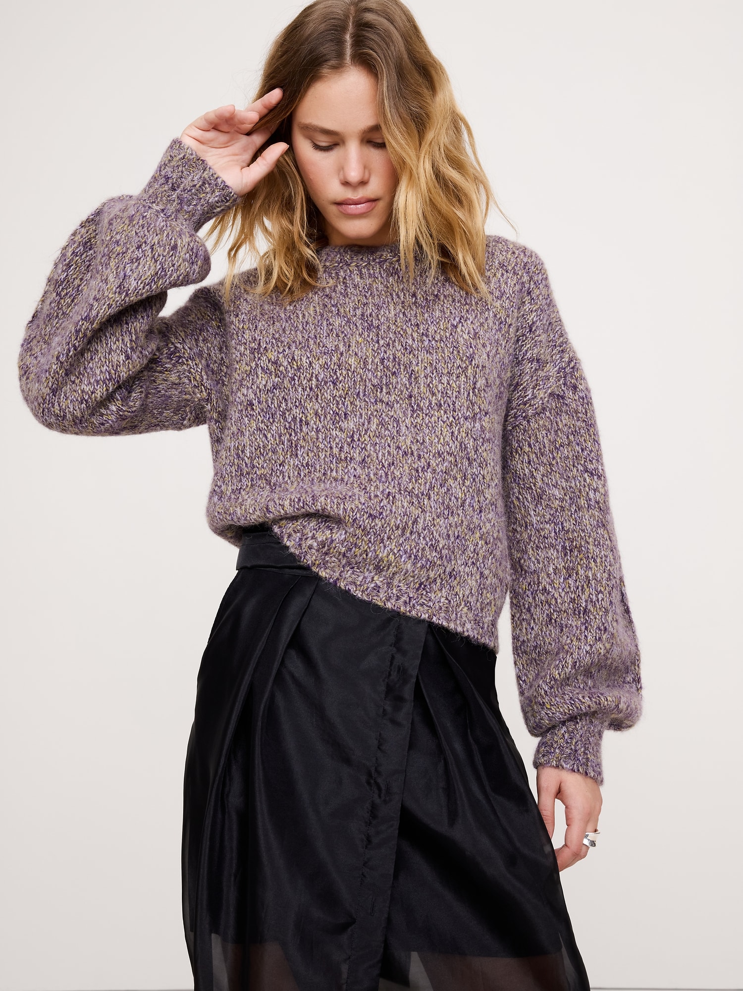Wool-Alpaca Blend Balloon-Sleeve Sweater - Purple Mix