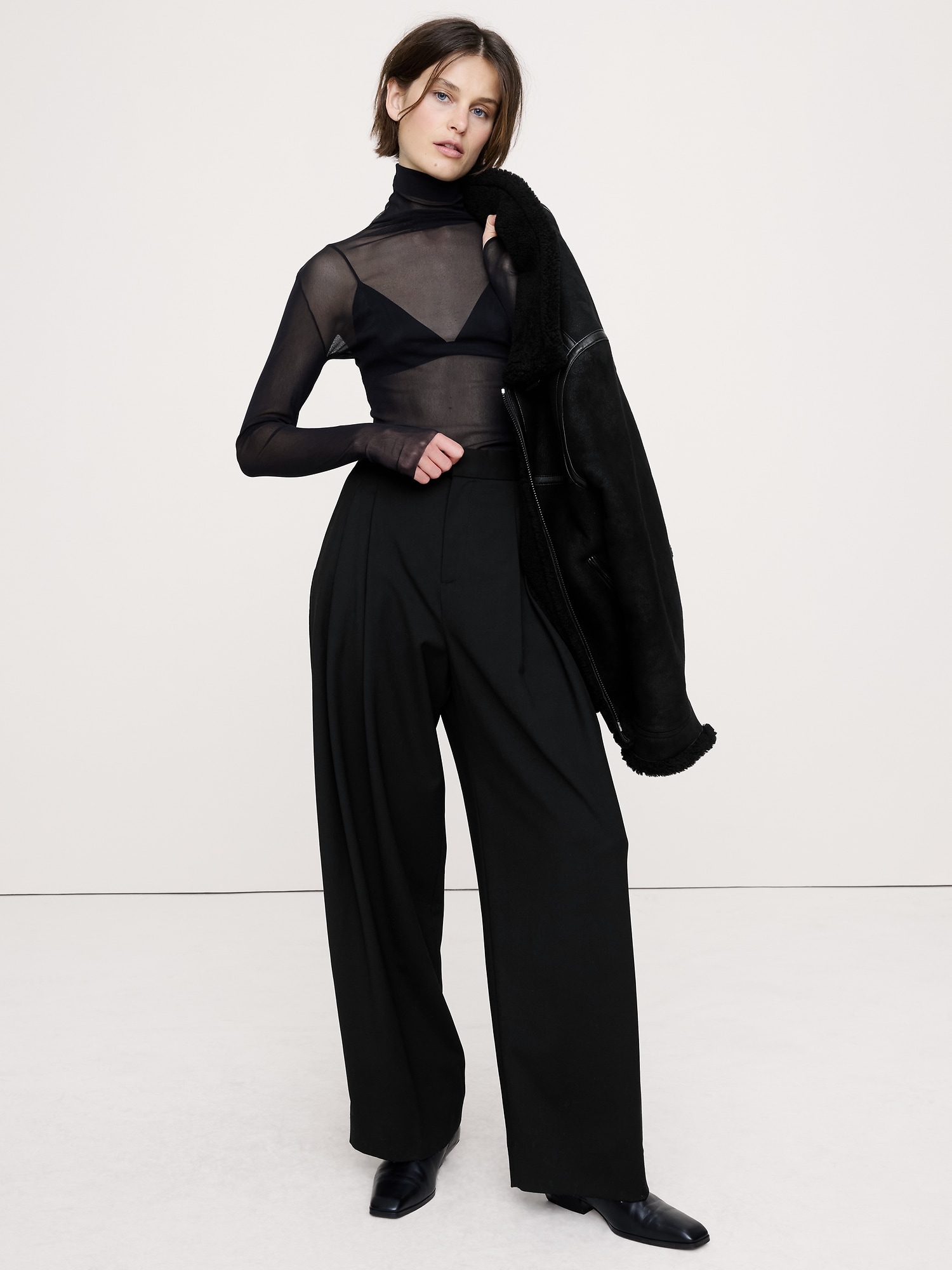 Mesh Turtleneck Top - Black