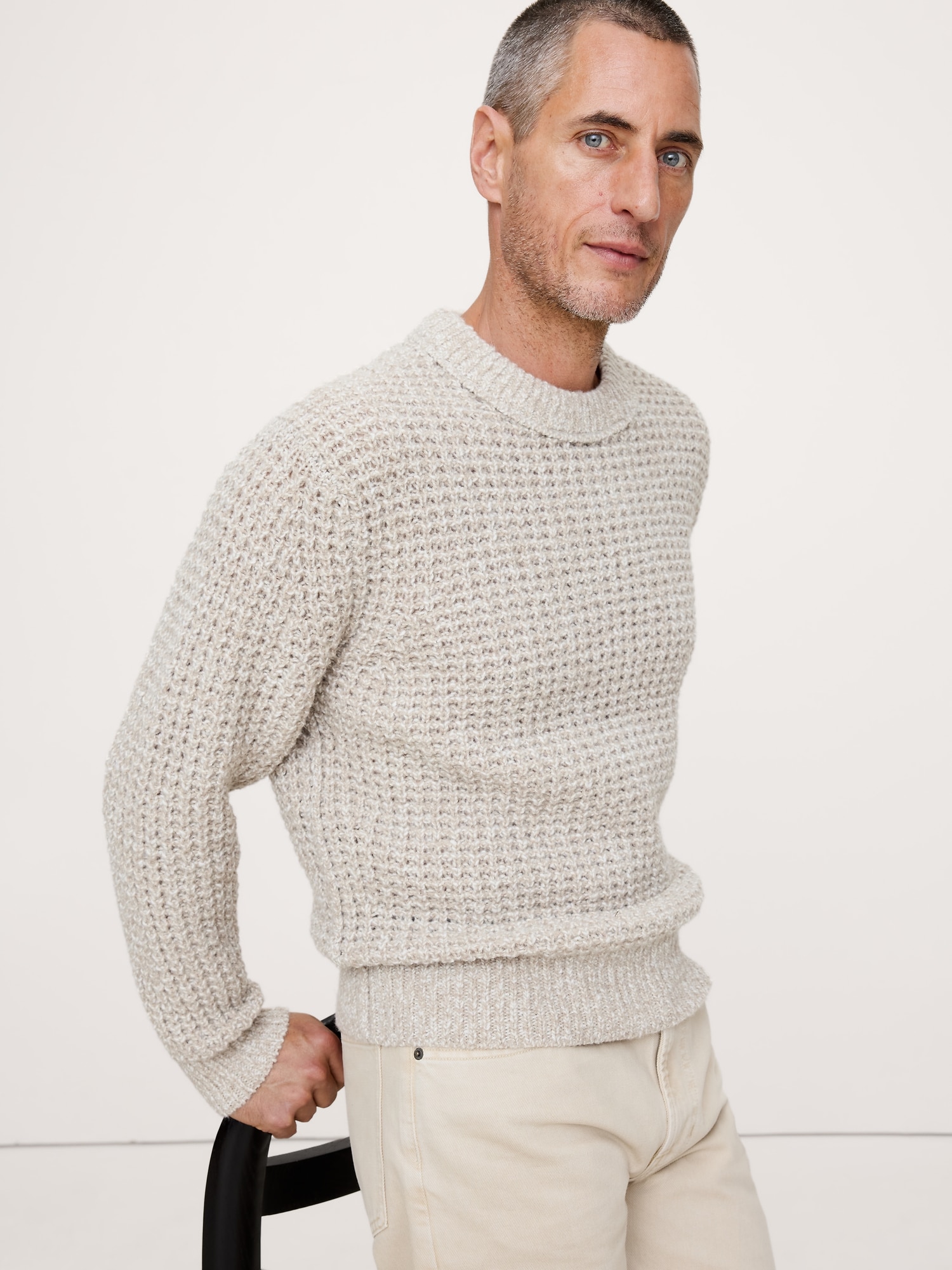 Italian Wool-Blend Waffle-Knit Sweater Crew - Oatmeal