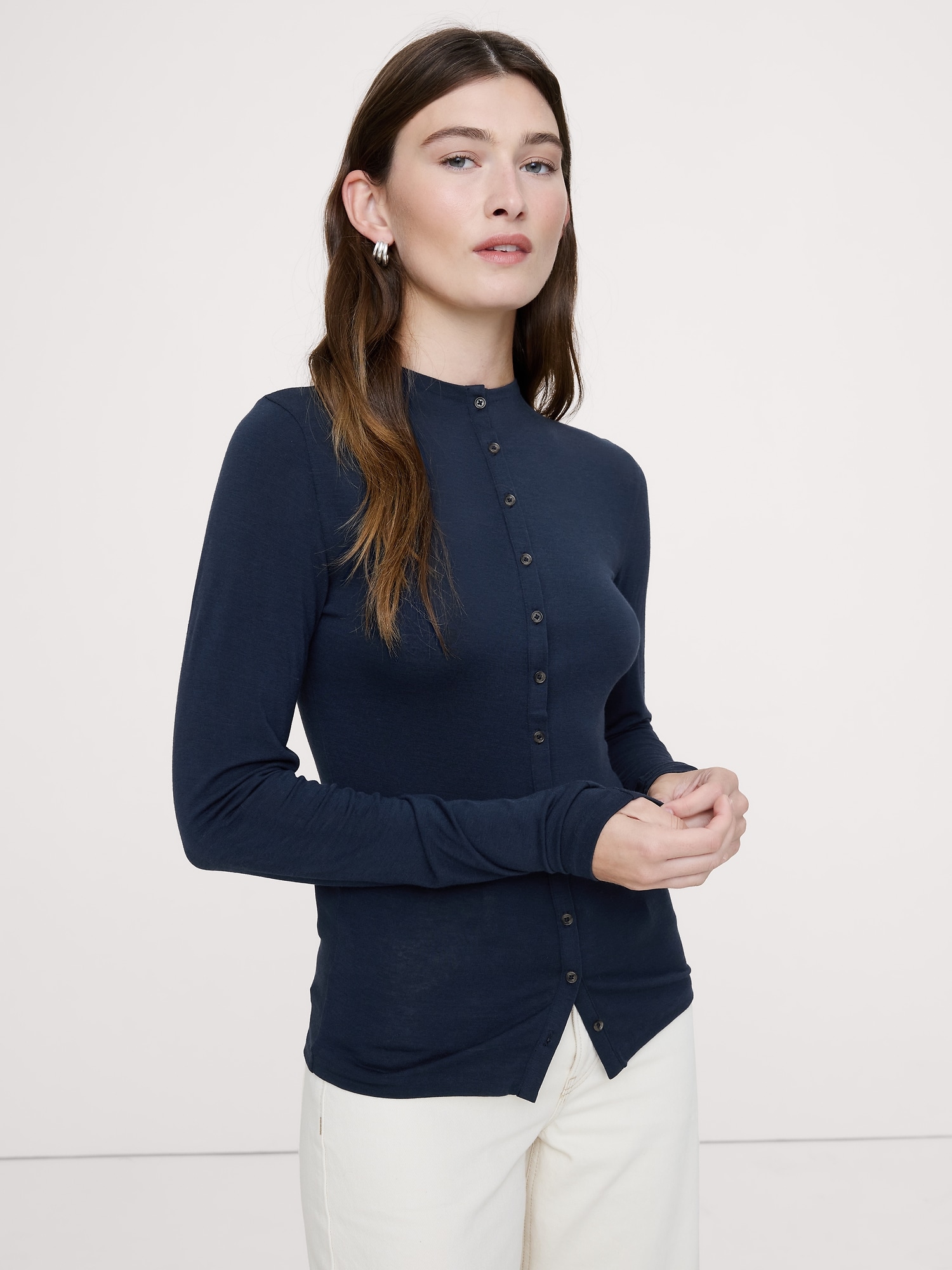 Luxe Wool-Blend Button-Front Shirt - Navy Blue