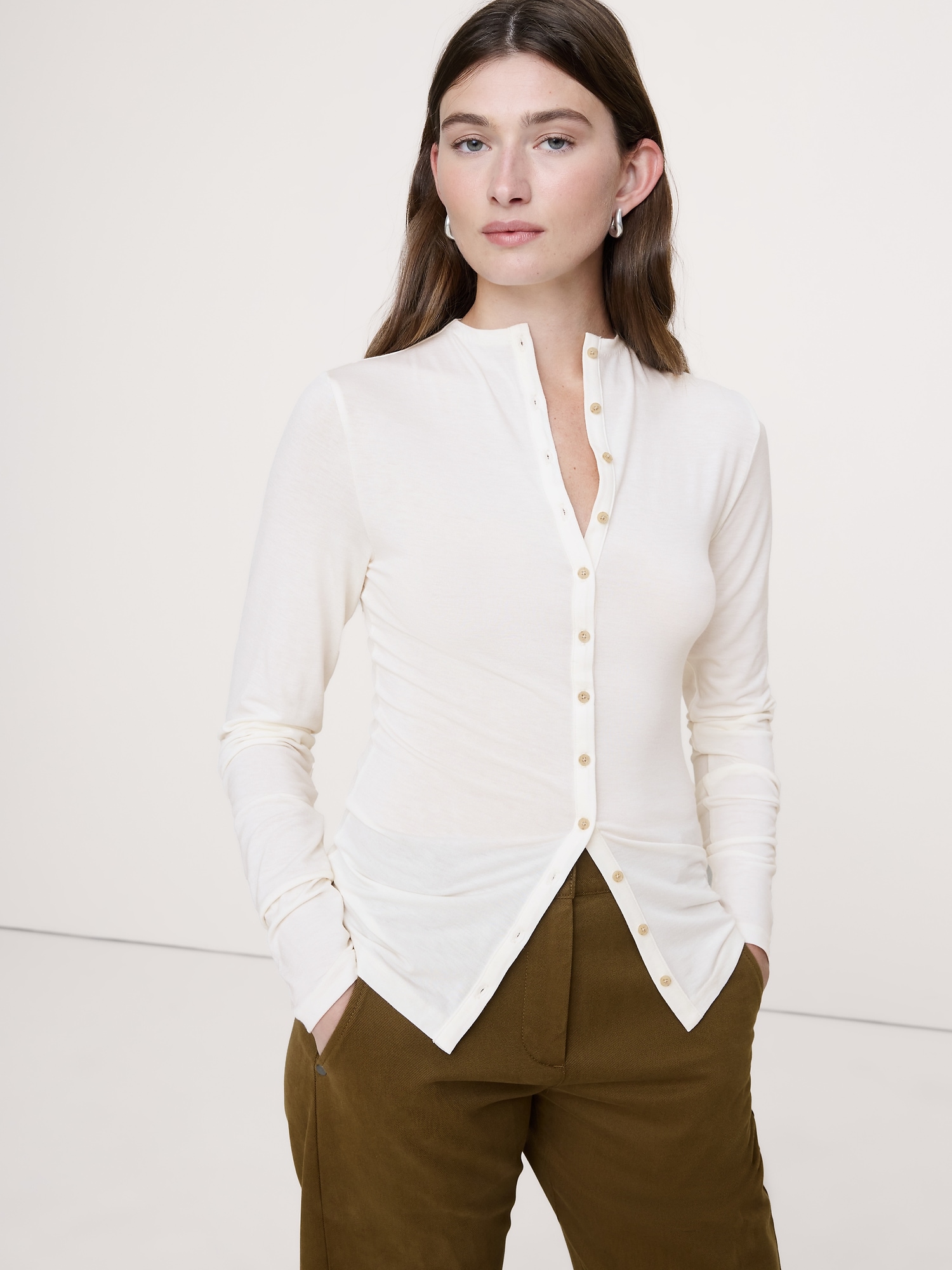 Luxe Wool-Blend Button-Front Shirt - Cream White
