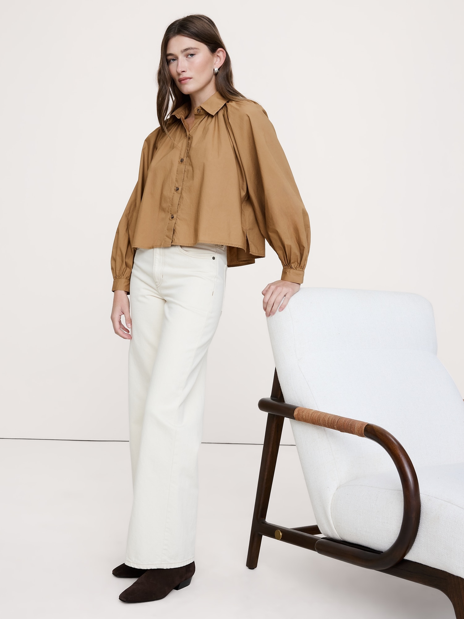 Cotton Poplin Balloon-Sleeve Shirt - Whiskey Brown
