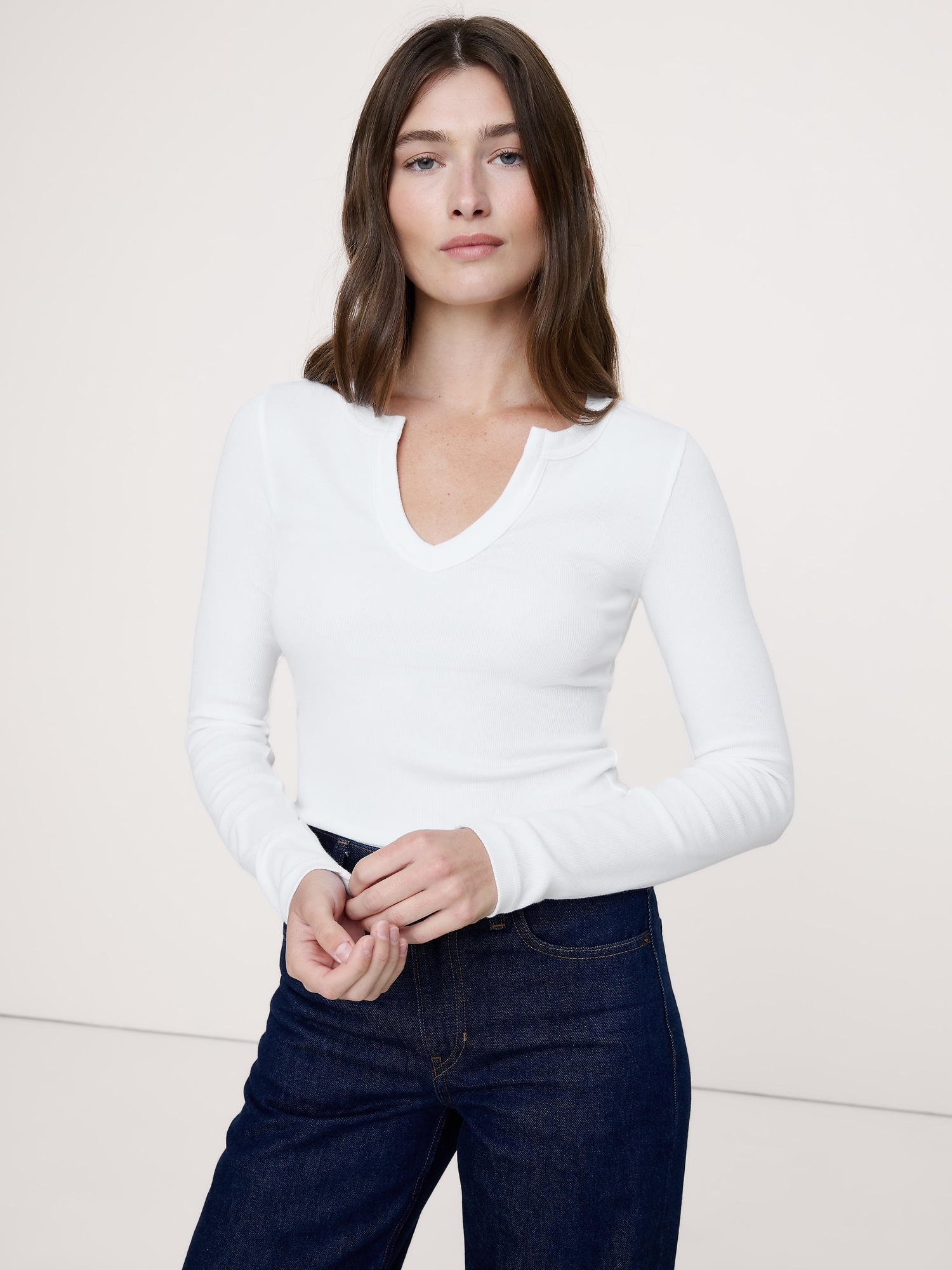 Ribbed Split-Neck T-Shirt - White