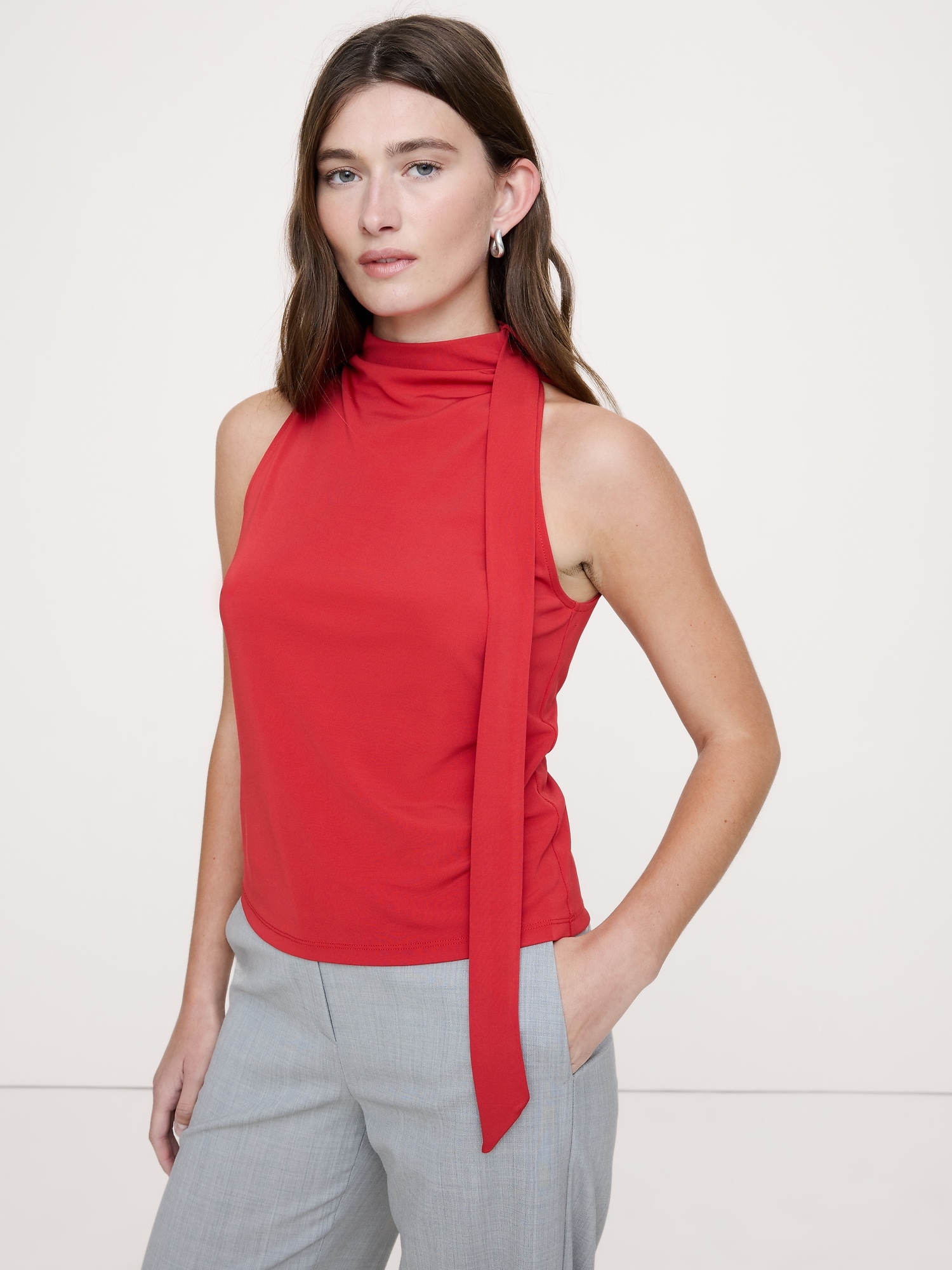 Matte Jersey Scarf-Neck Top - Pompeian Red