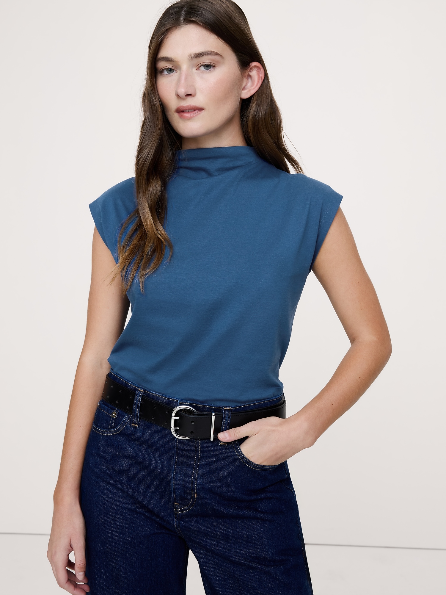 Image number 1 showing, Silky Cotton Mock-Neck Top