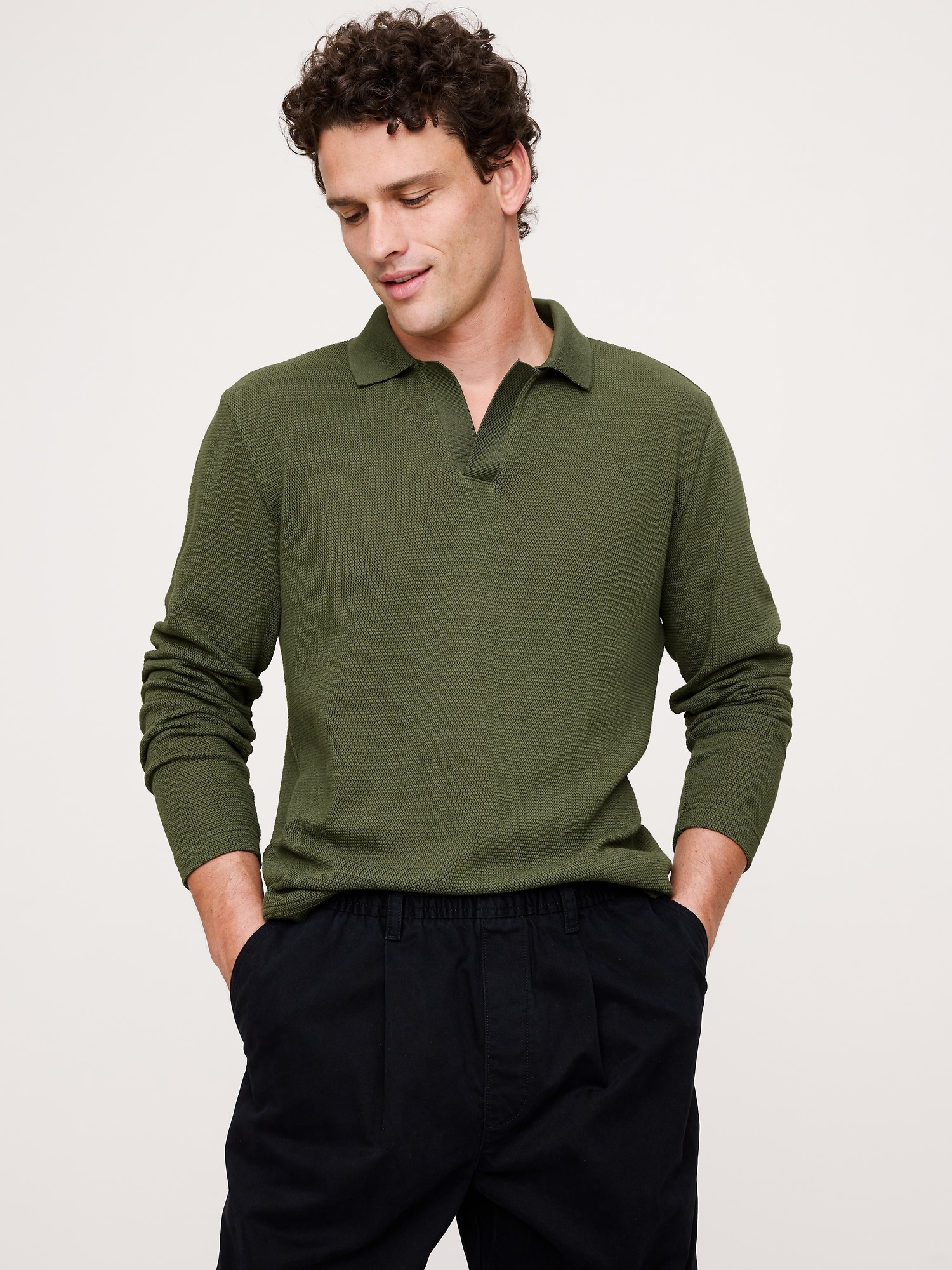 Cotton Mesh Long-Sleeve Polo