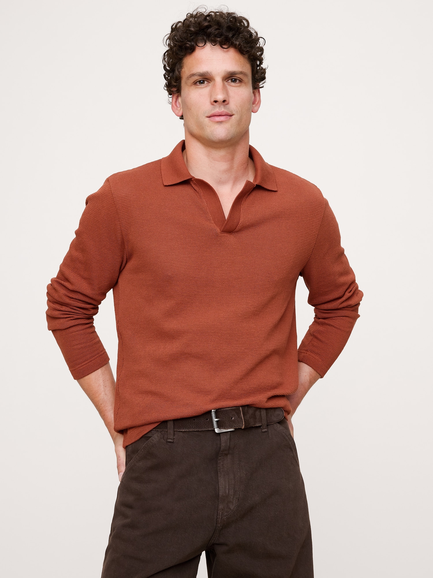 Cotton Mesh Long-Sleeve Polo