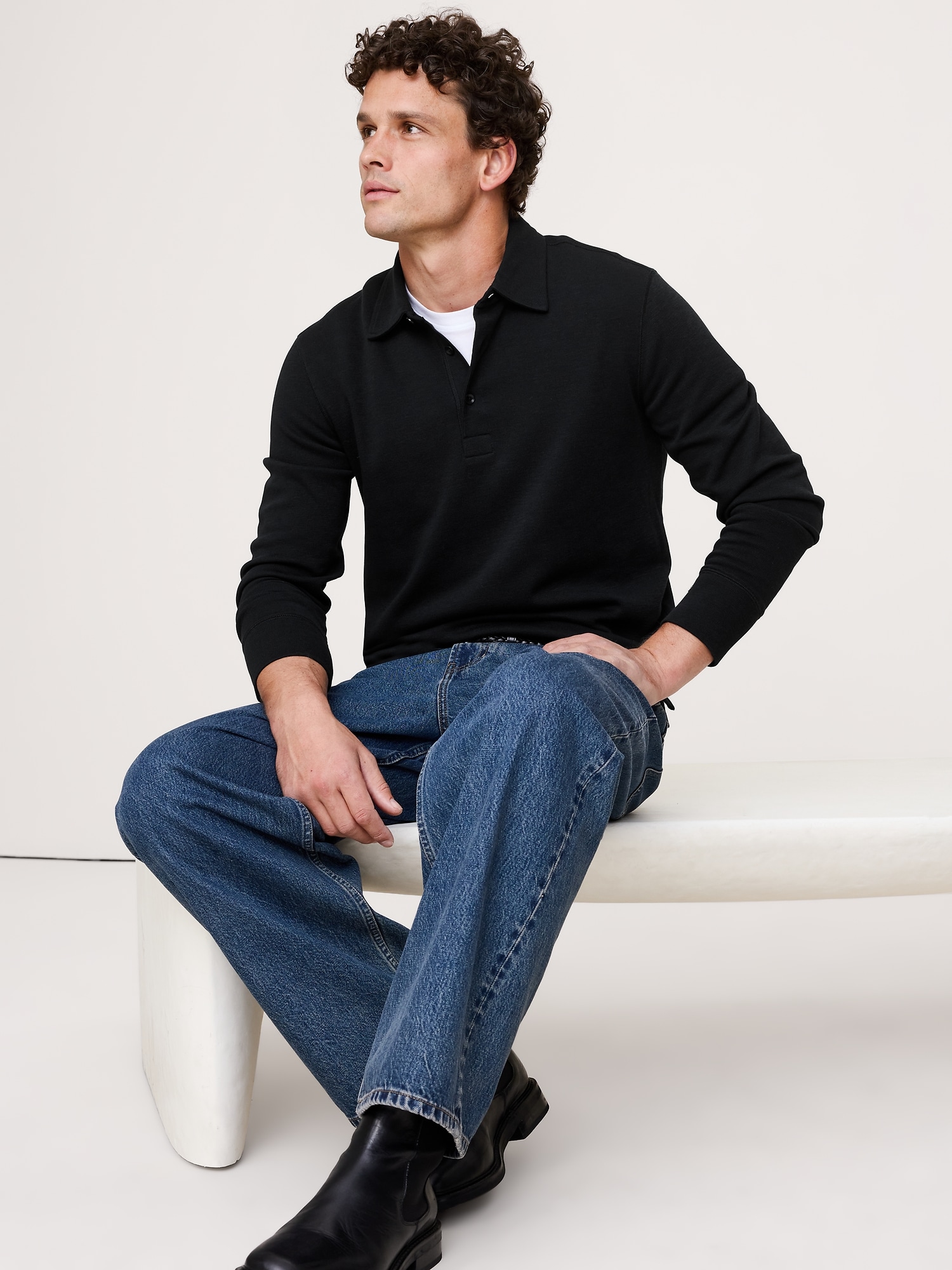 Slub Double-Knit Polo - Black