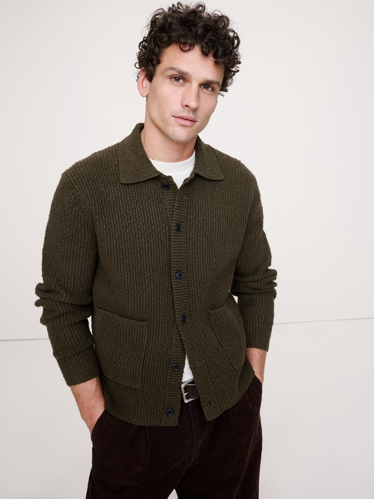 Bouclé Ribbed Polo Cardigan