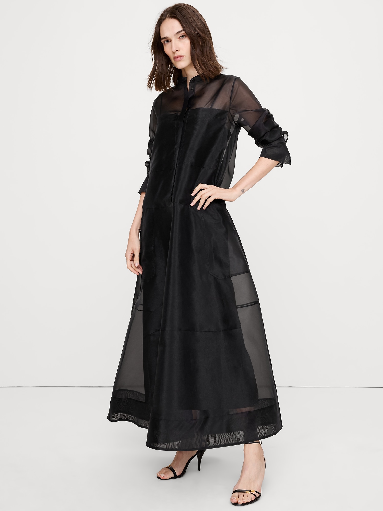 Organza Maxi Shirt Dress - Black