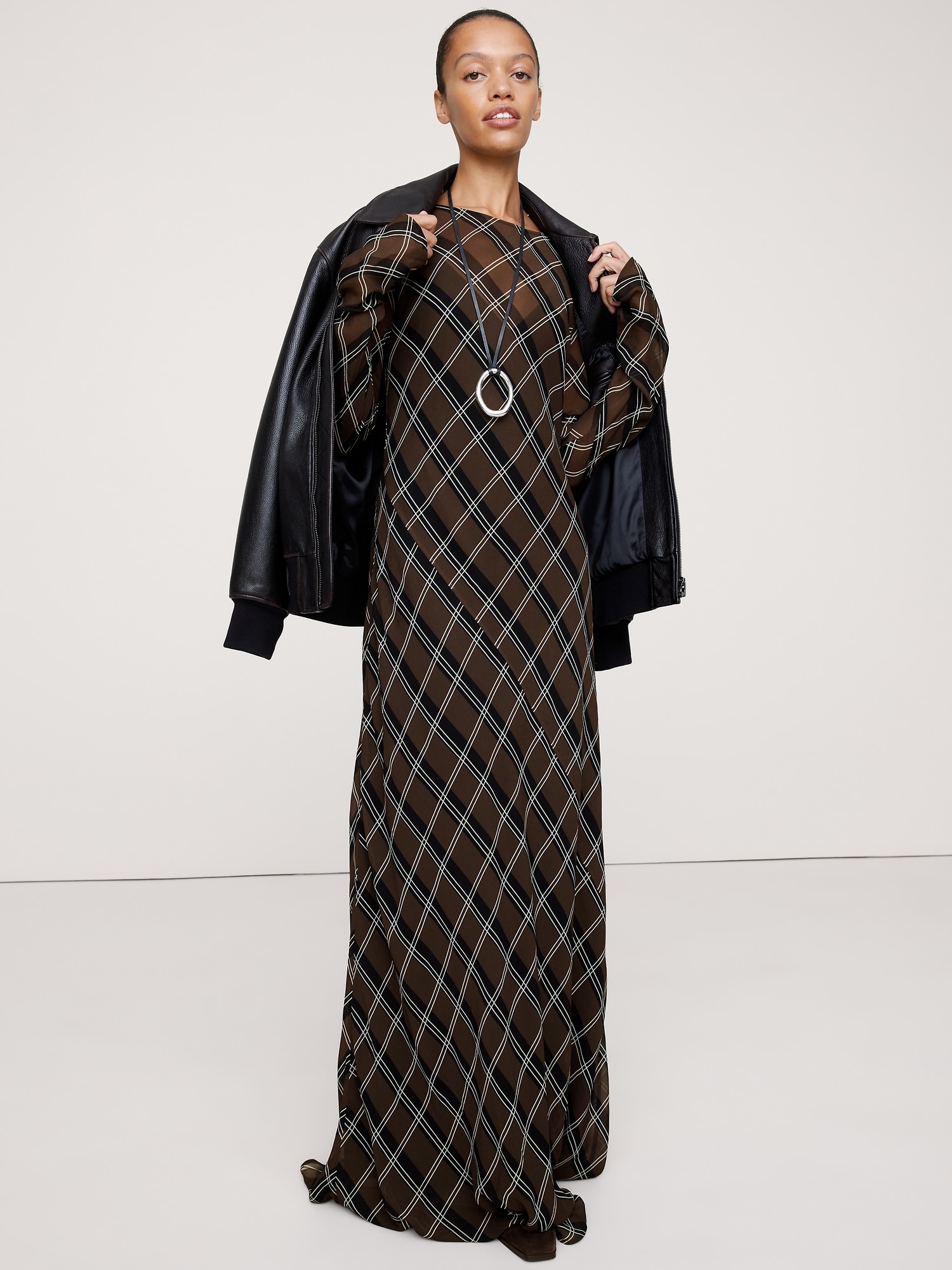 Bias-Cut Chiffon Maxi Dress - Brown Plaid
