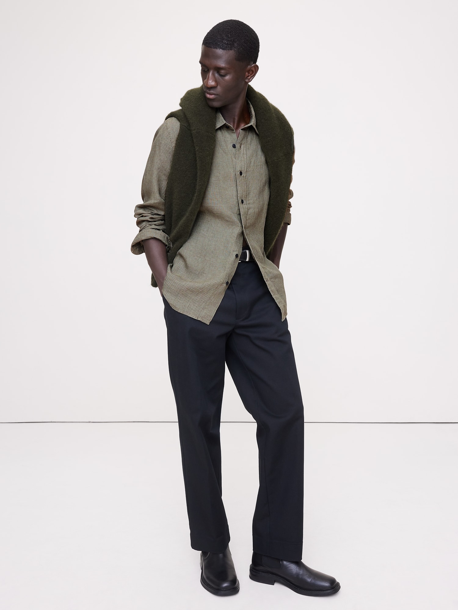 Chemise à coupe standard en lin - Carreaux Olive