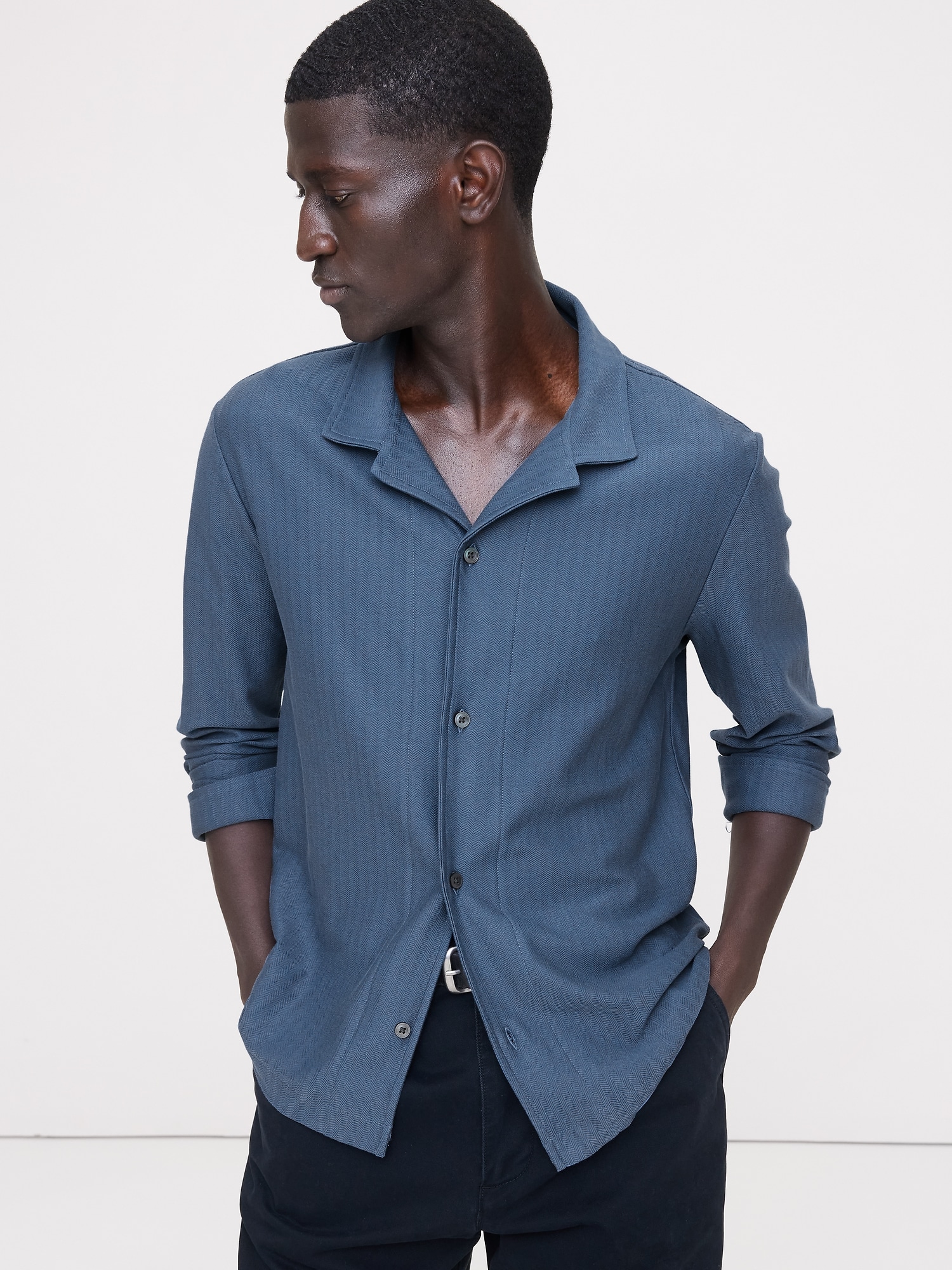 Image number 1 showing, Herringbone Cotton Long-Sleeve Resort Shirt
