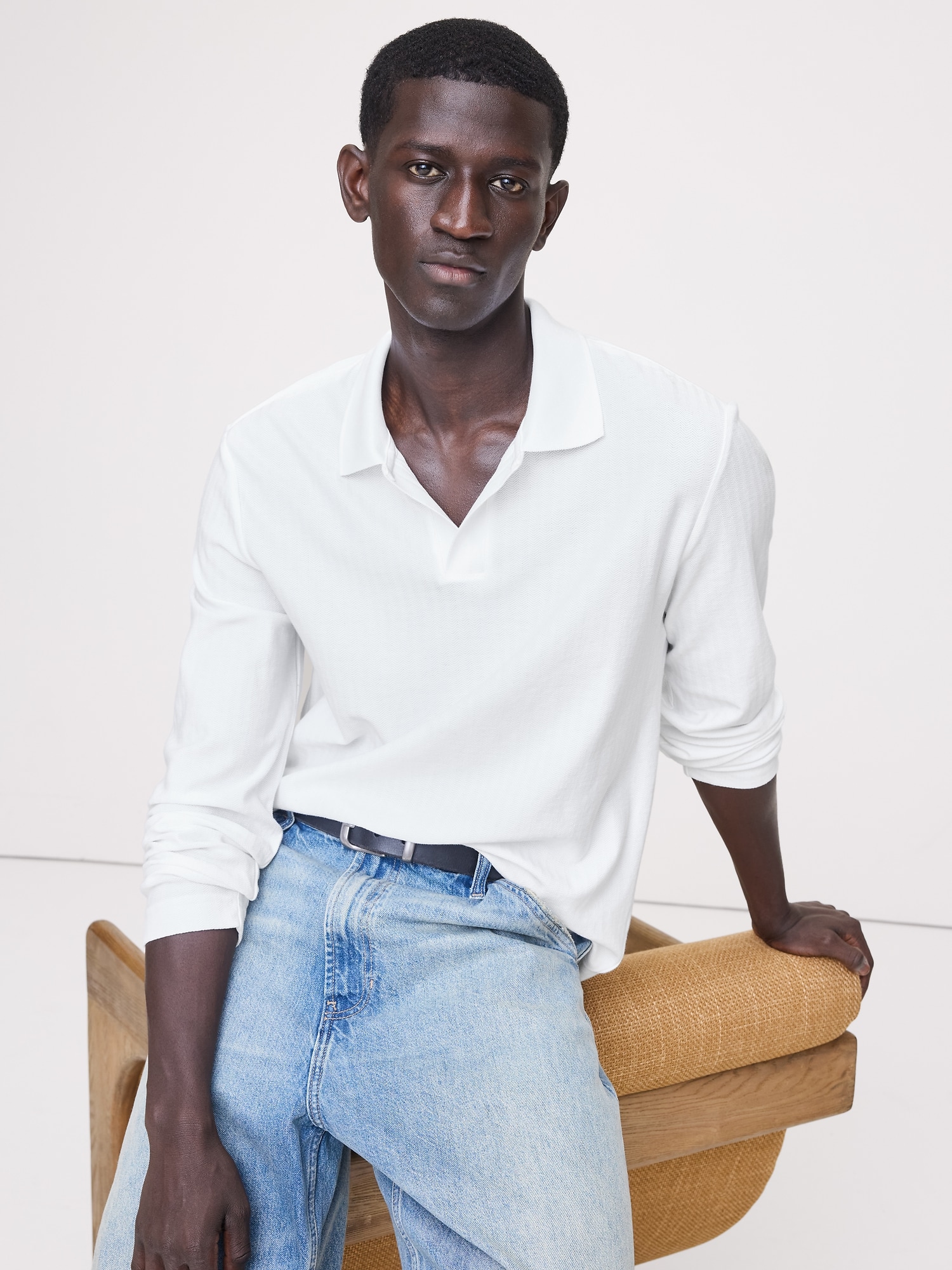 Herringbone Cotton Long-Sleeve Polo - White