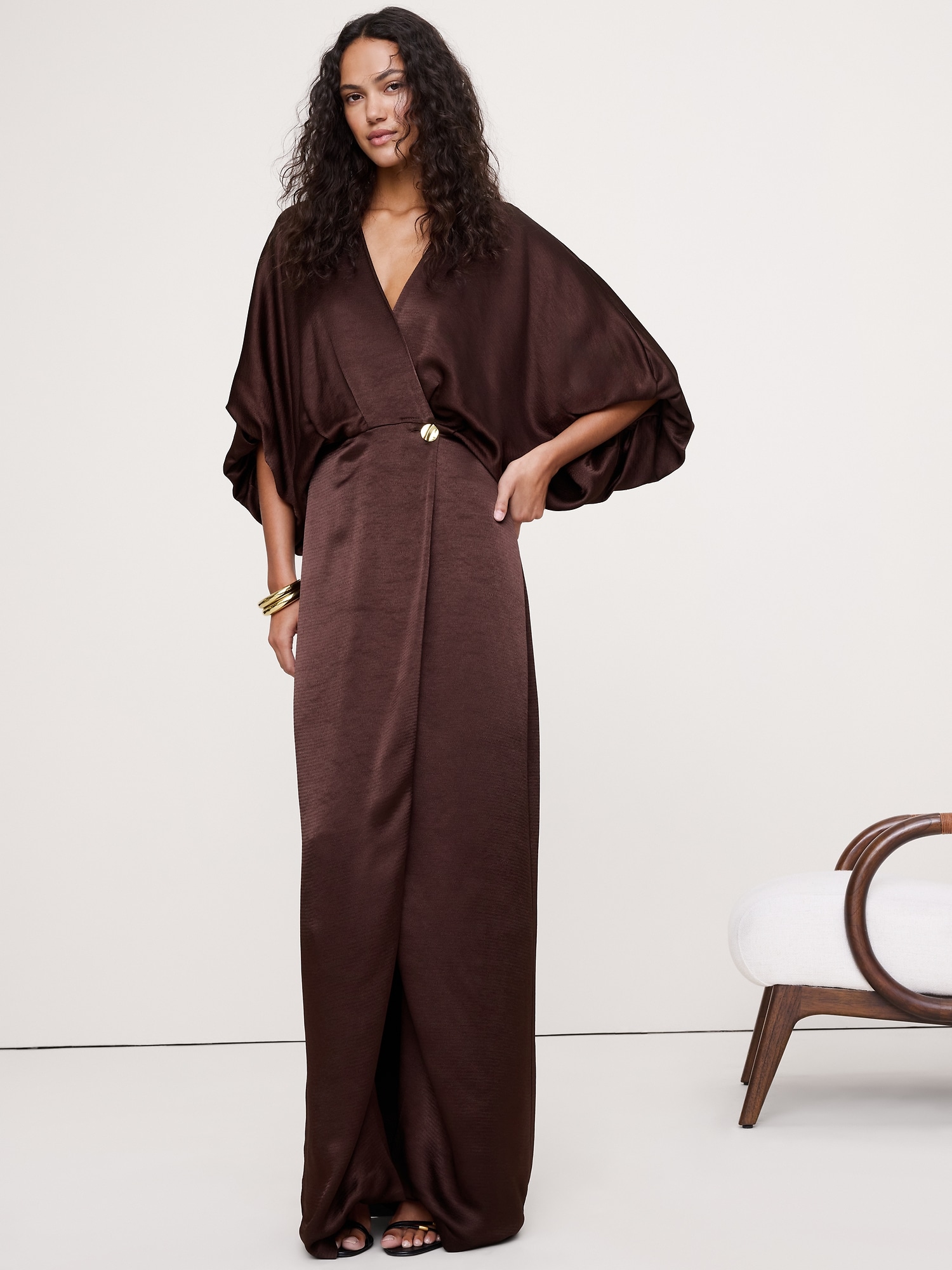 Hammered Satin Wrap Maxi Dress - Chocolate Cake Brown
