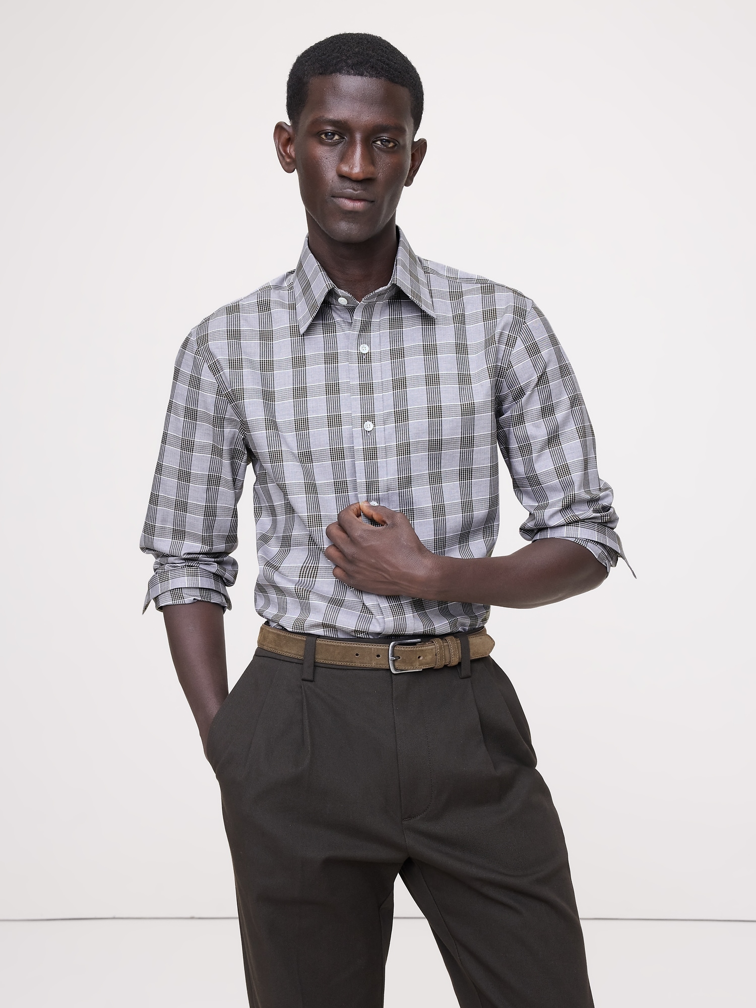 Chemise habillée ajustée infroissable - Vert Olive Et Gris