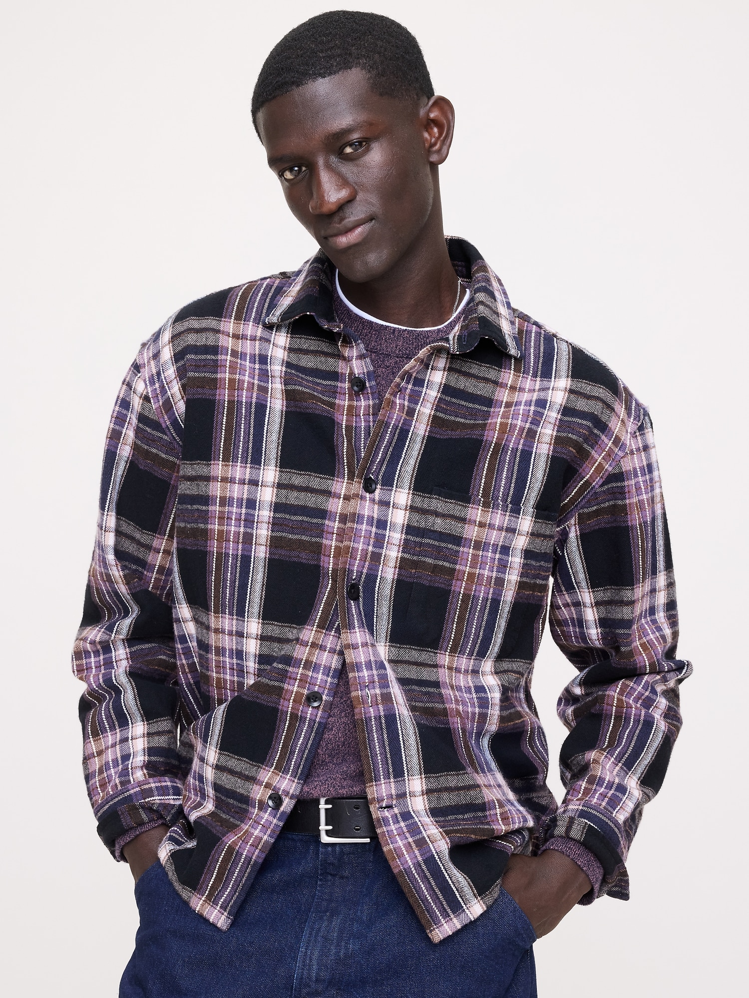 Relaxed-Fit Flannel & Chenille Overshirt - Purple Plaid