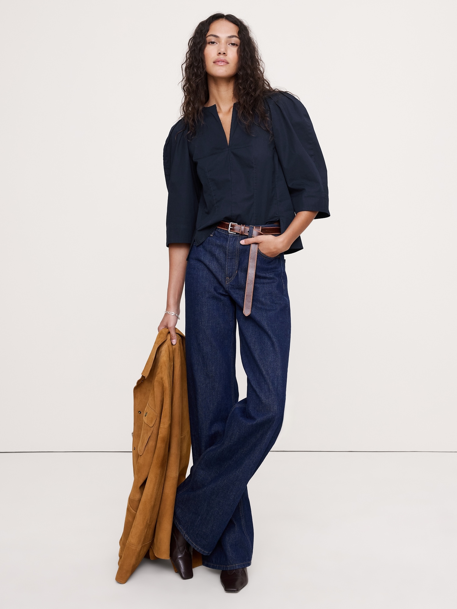 Stretch-Cotton Volume-Sleeve Top - Navy Blue