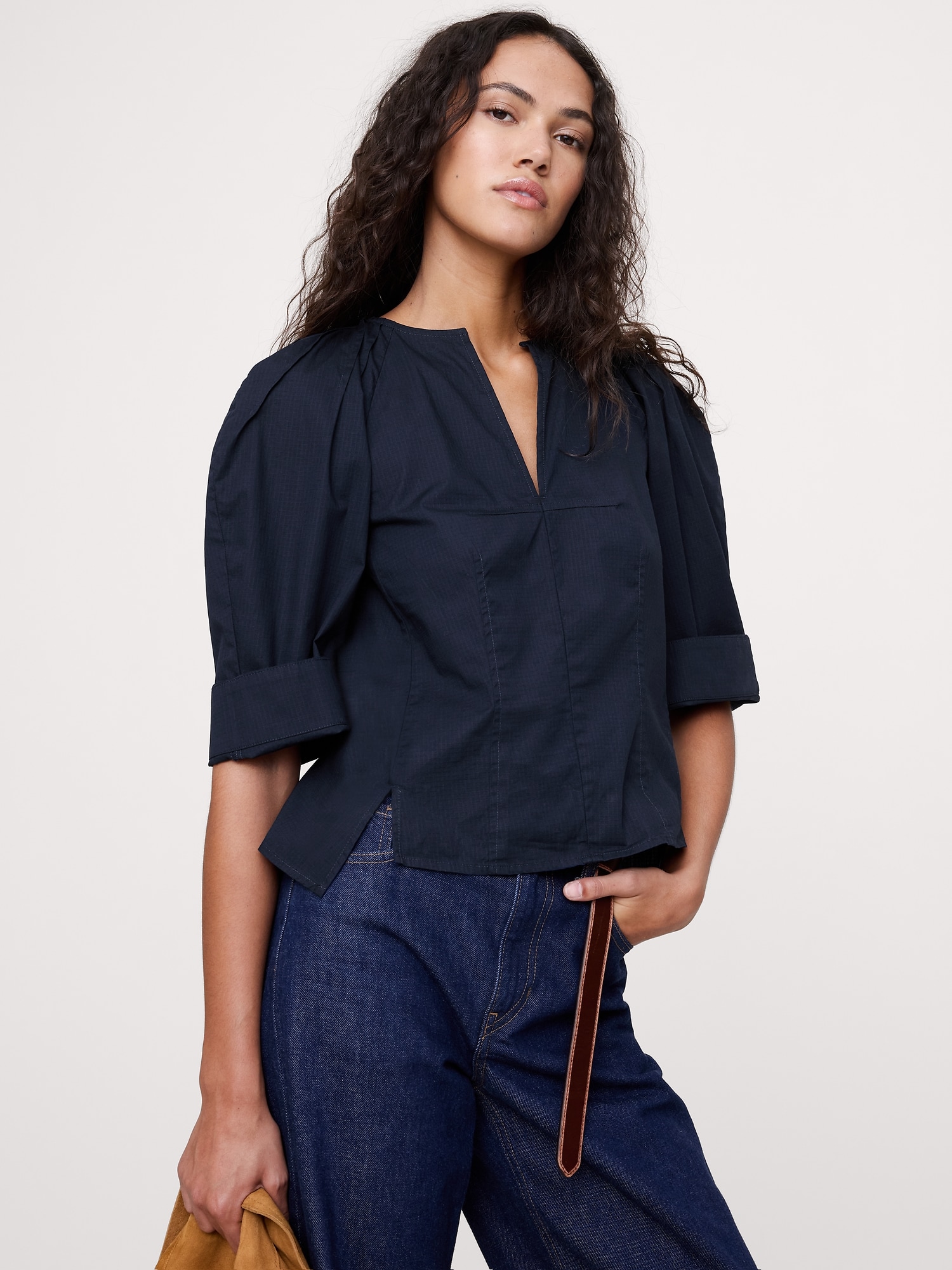 Image number 3 showing, Stretch-Cotton Volume-Sleeve Top