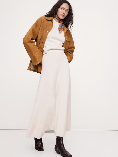 JUPE EN TRICOT MI-LONGUE EN MÉLANGE DE LAINE MÉRINOS ET COTON - Blanc