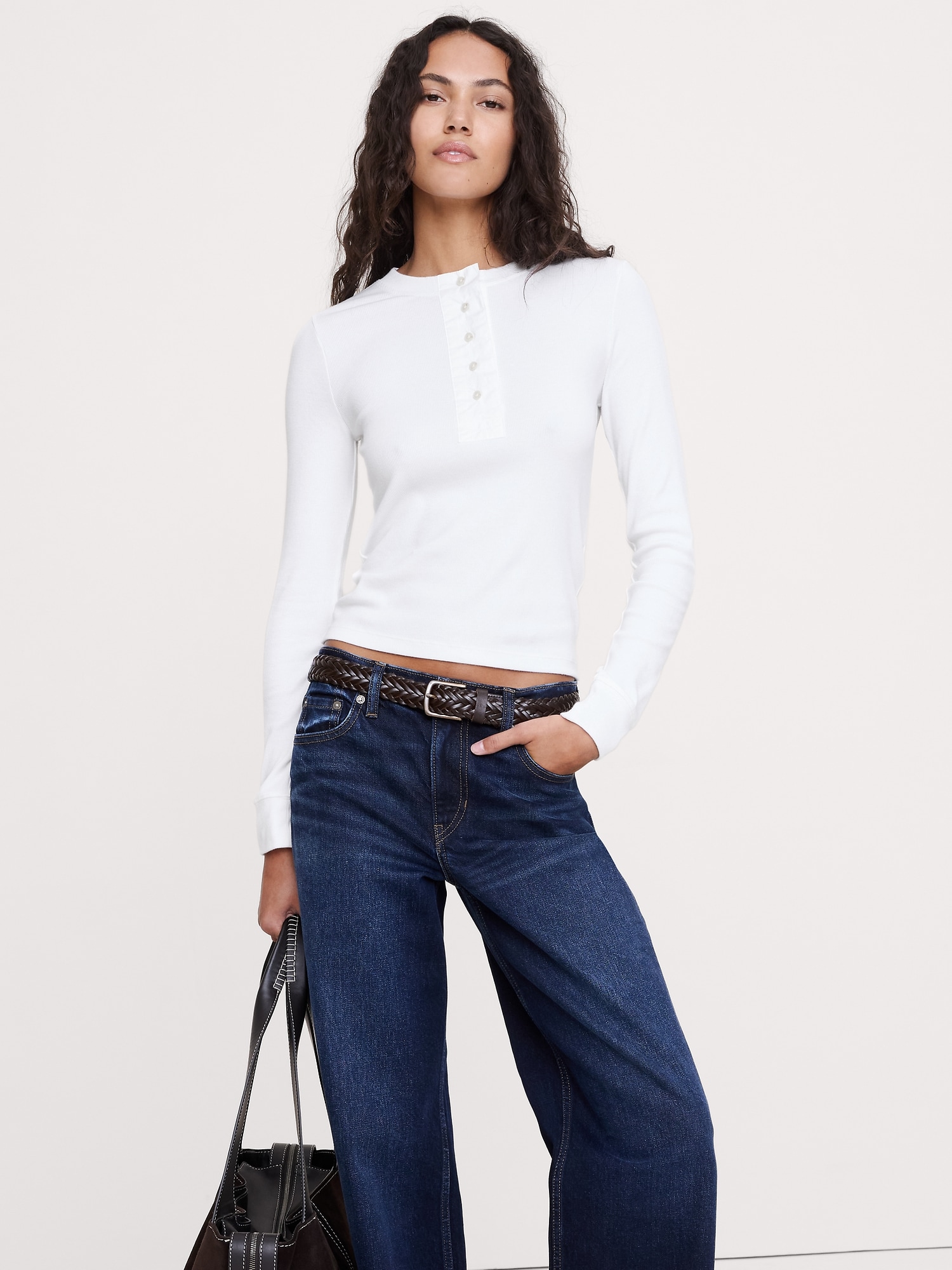 Ribbed Henley T-Shirt - White