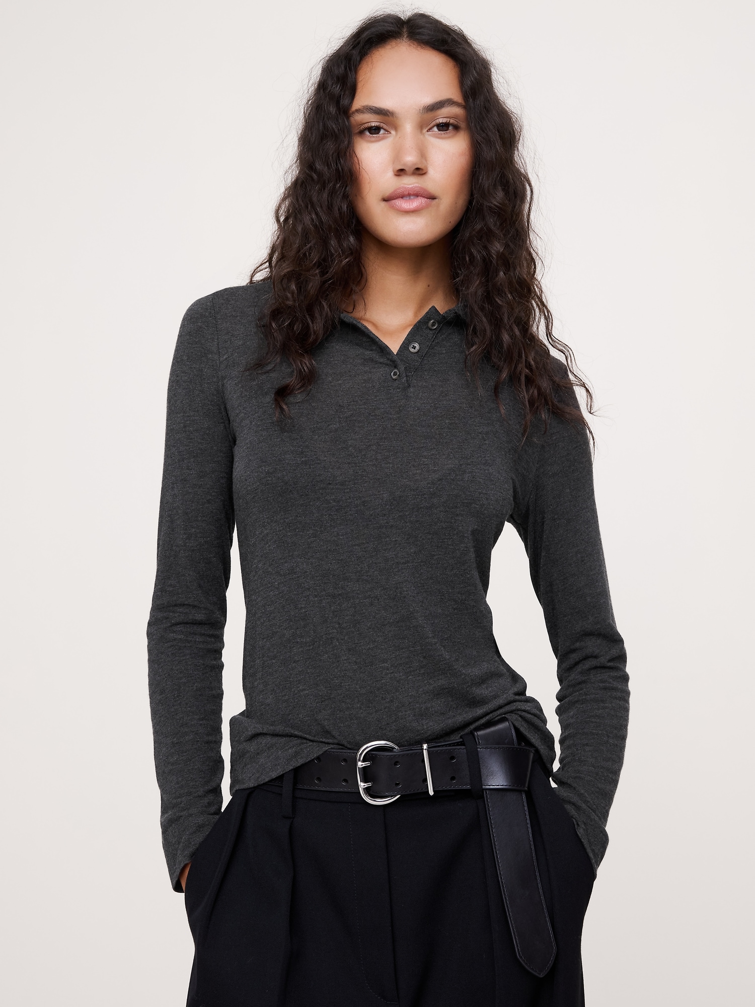 Sheer Lyocell-Wool Polo - Dark Charcoal Heather