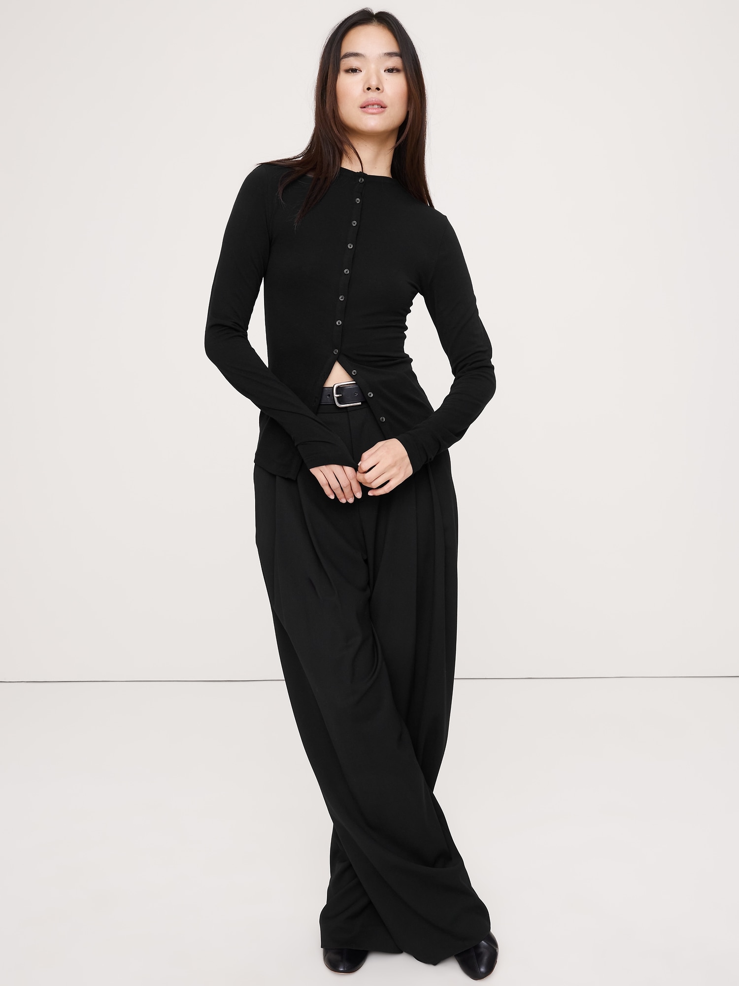 Luxe Wool-Blend Button-Front Shirt - Black