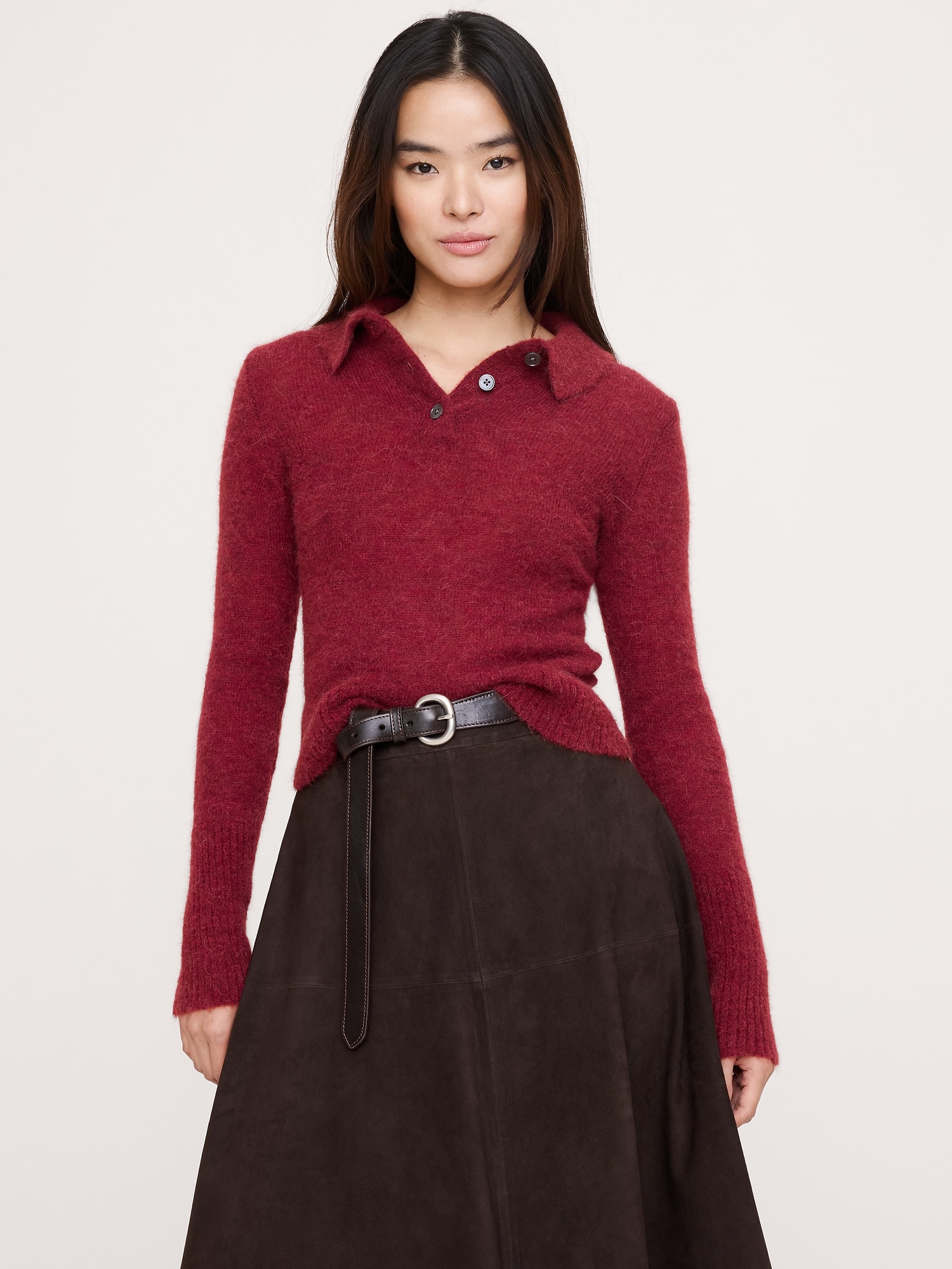 Italian Alpaca-Blend Sweater Polo - Red Currant