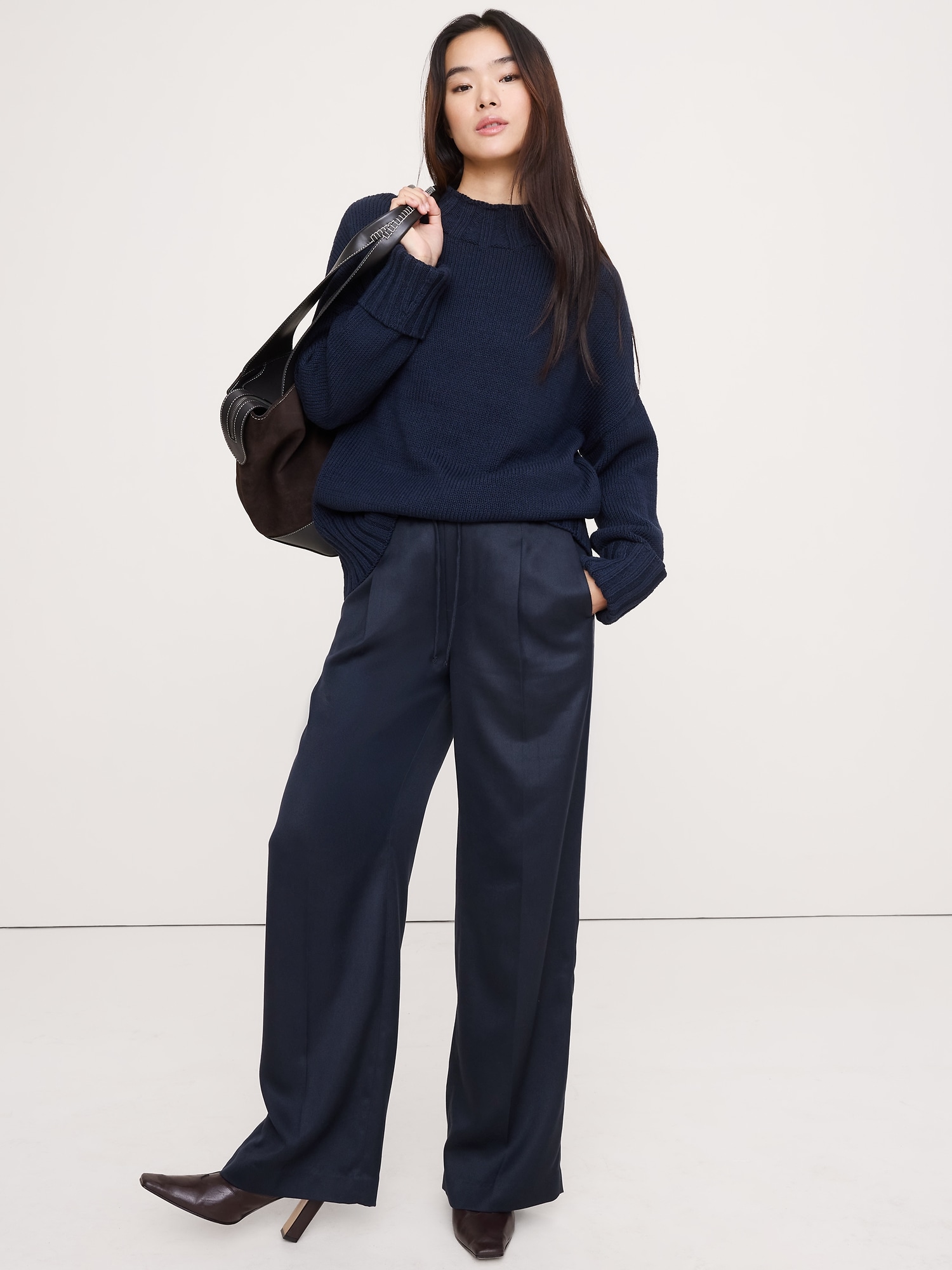 Mid-Rise Wide-Leg Drapey TENCEL™ Pull-On Pant - Navy Blue