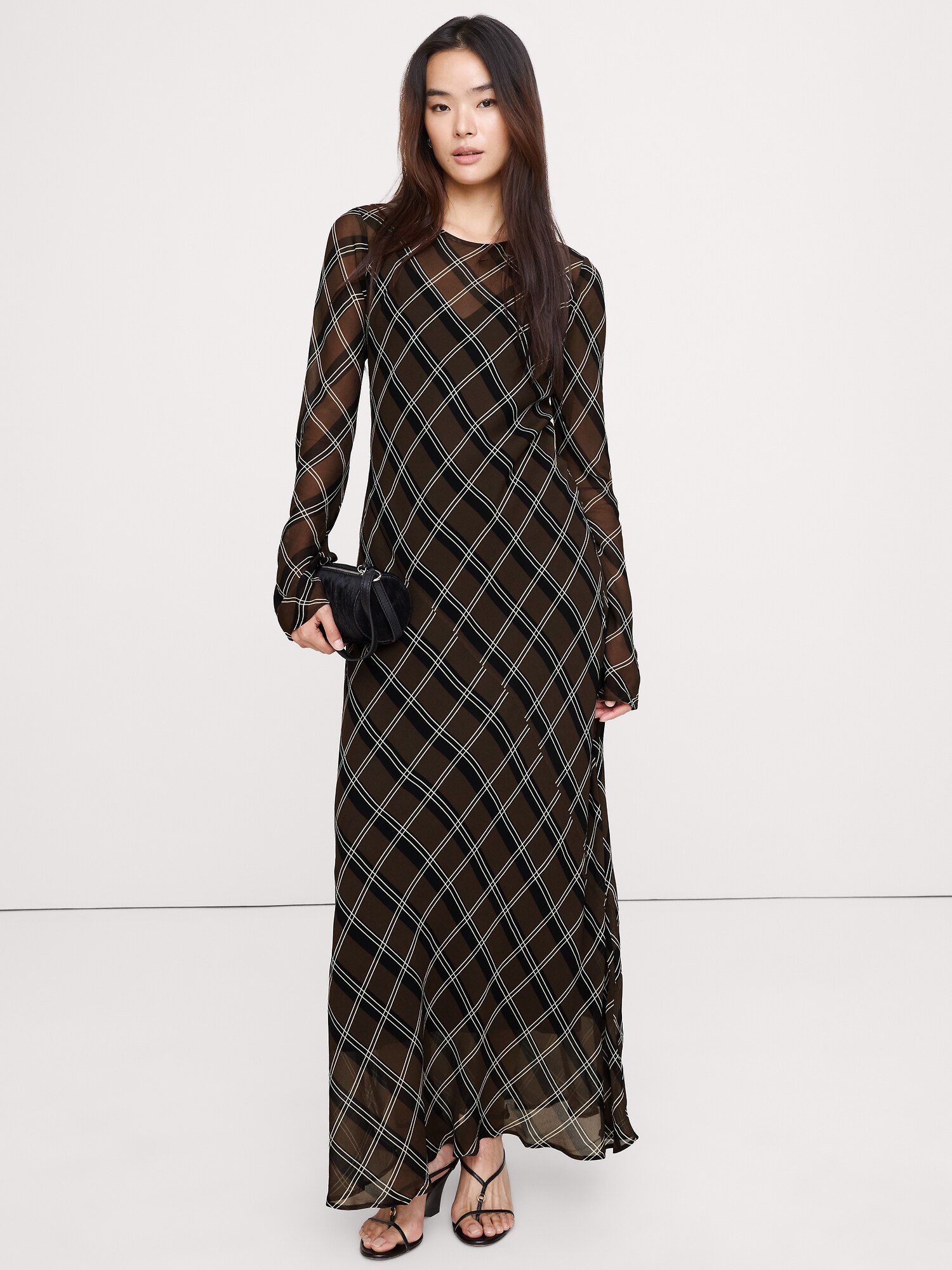 Bias-Cut Chiffon Maxi Dress - Brown Plaid
