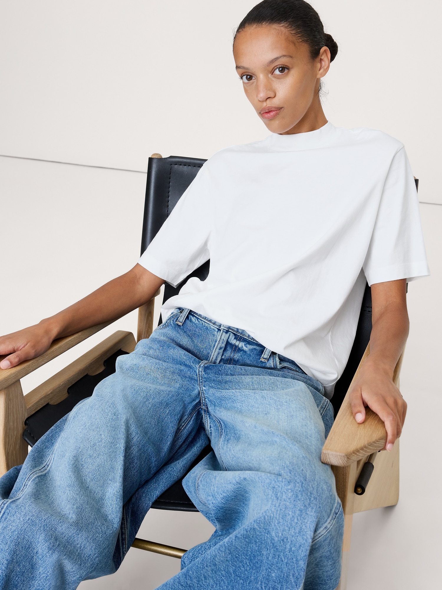 T-shirt à col montant en coton rétro - Blanc Optique