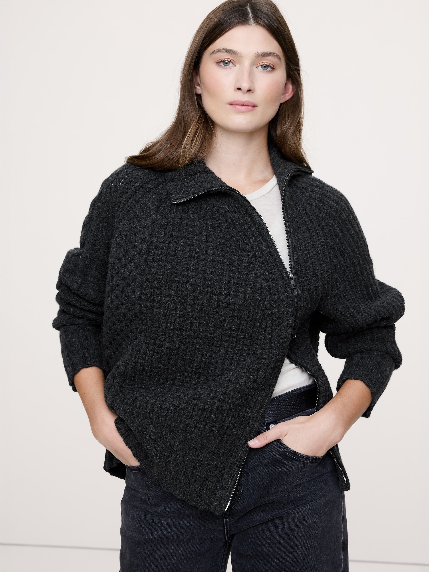 Merino-Cotton Asymmetrical Zip Sweater