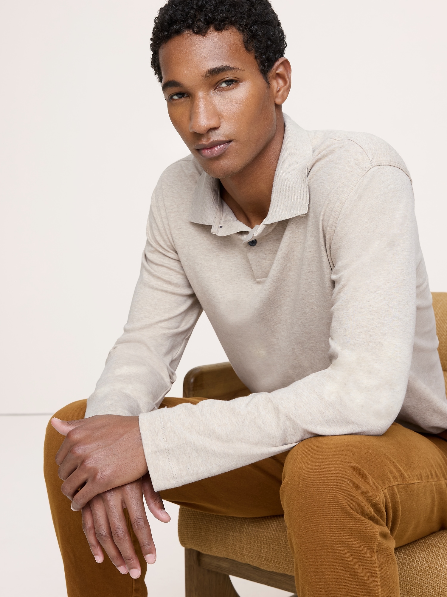 Luxury-Touch Long-Sleeve Polo - Heather Oatmeal