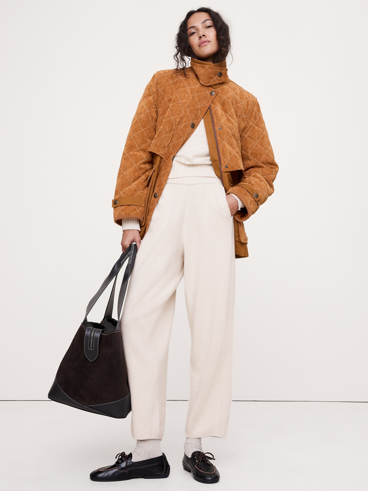 Pantalon à coupe baril en tricot de coton et laine mérinos - Crème