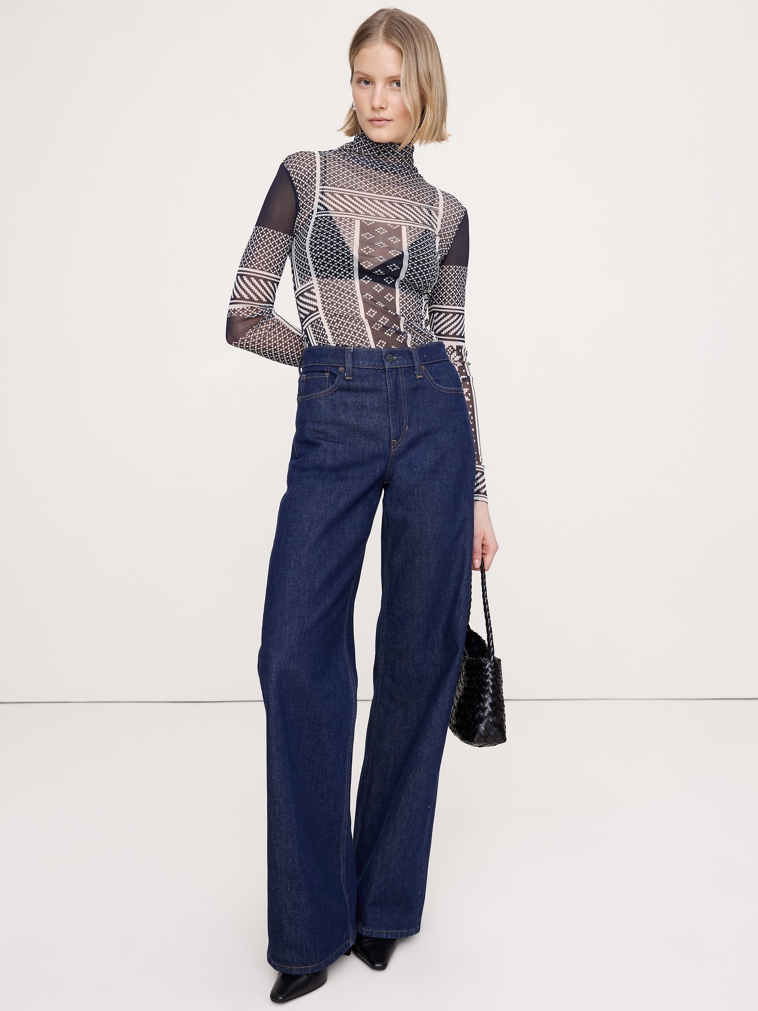 Mesh Turtleneck Top - Fair Isle Navy