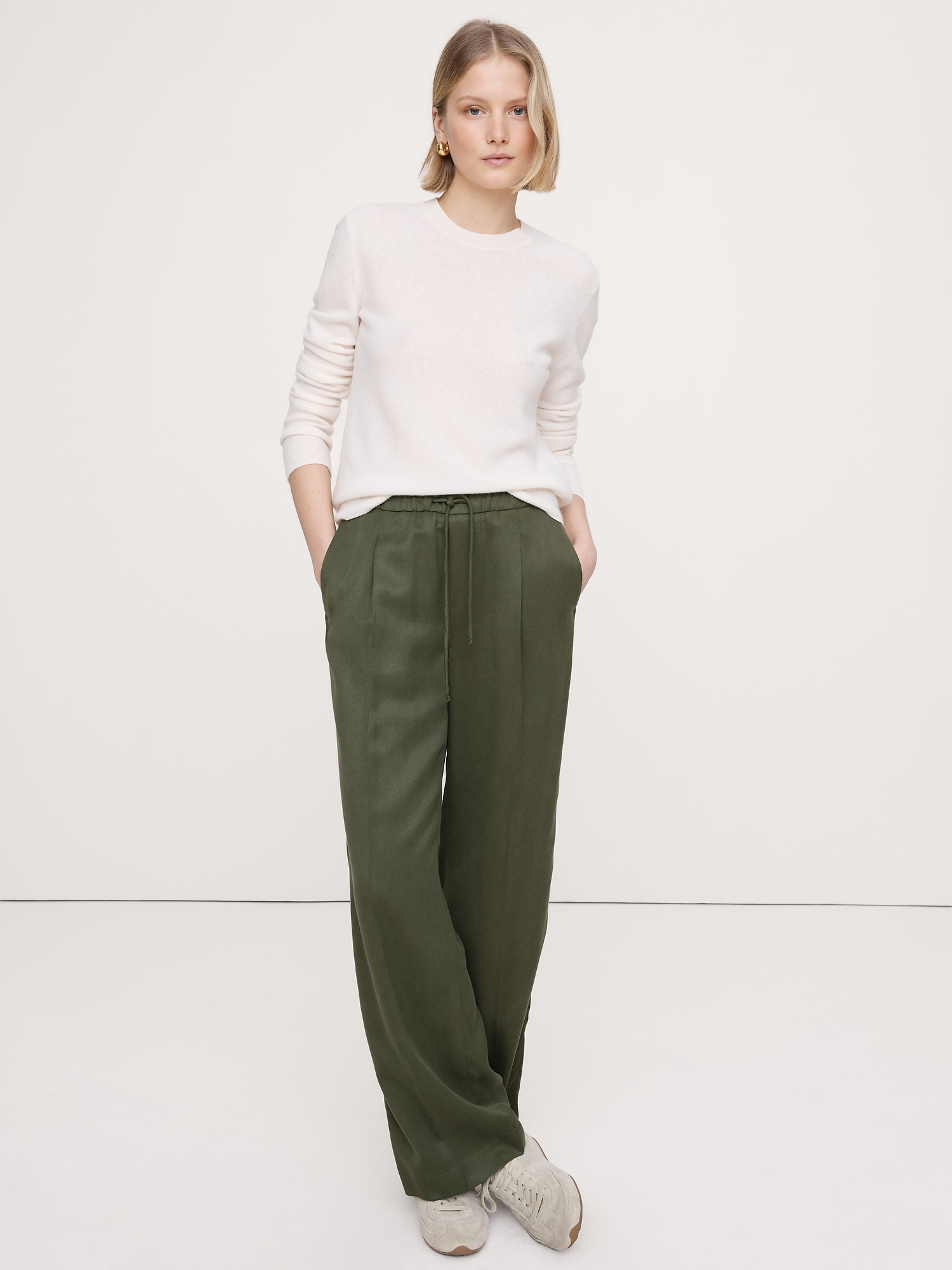 Mid-Rise Wide-Leg Drapey TENCEL™ Pull-On Pant - Spiced Olive Green