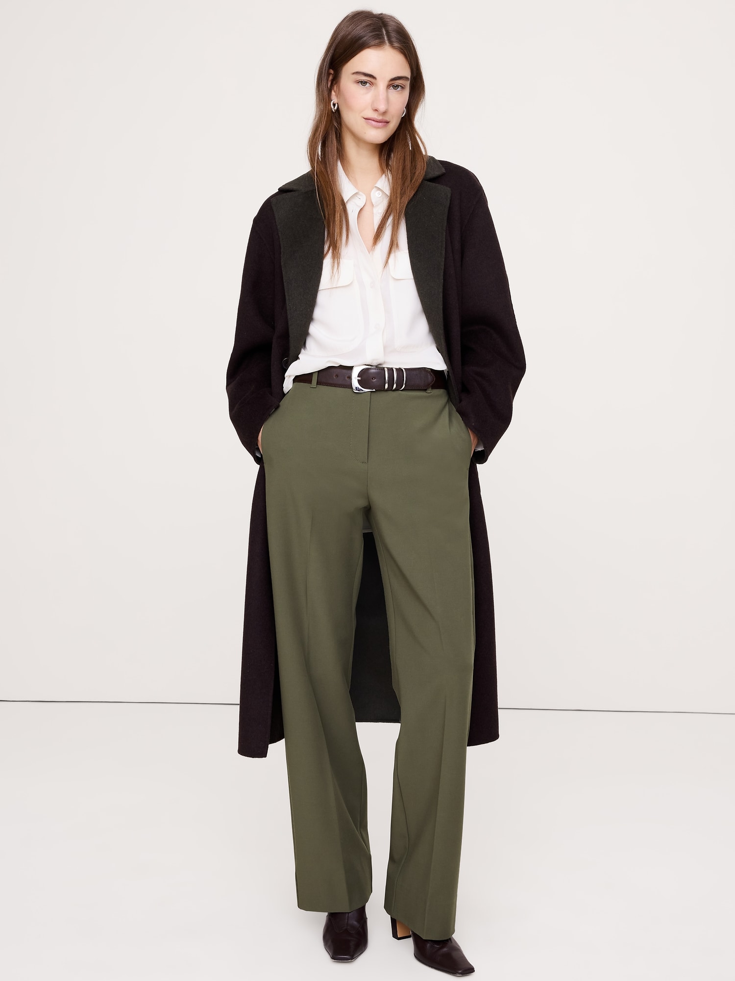 Pantalon moderne droit à taille haute en tissu urbain extensible - Vert Olive Épicée